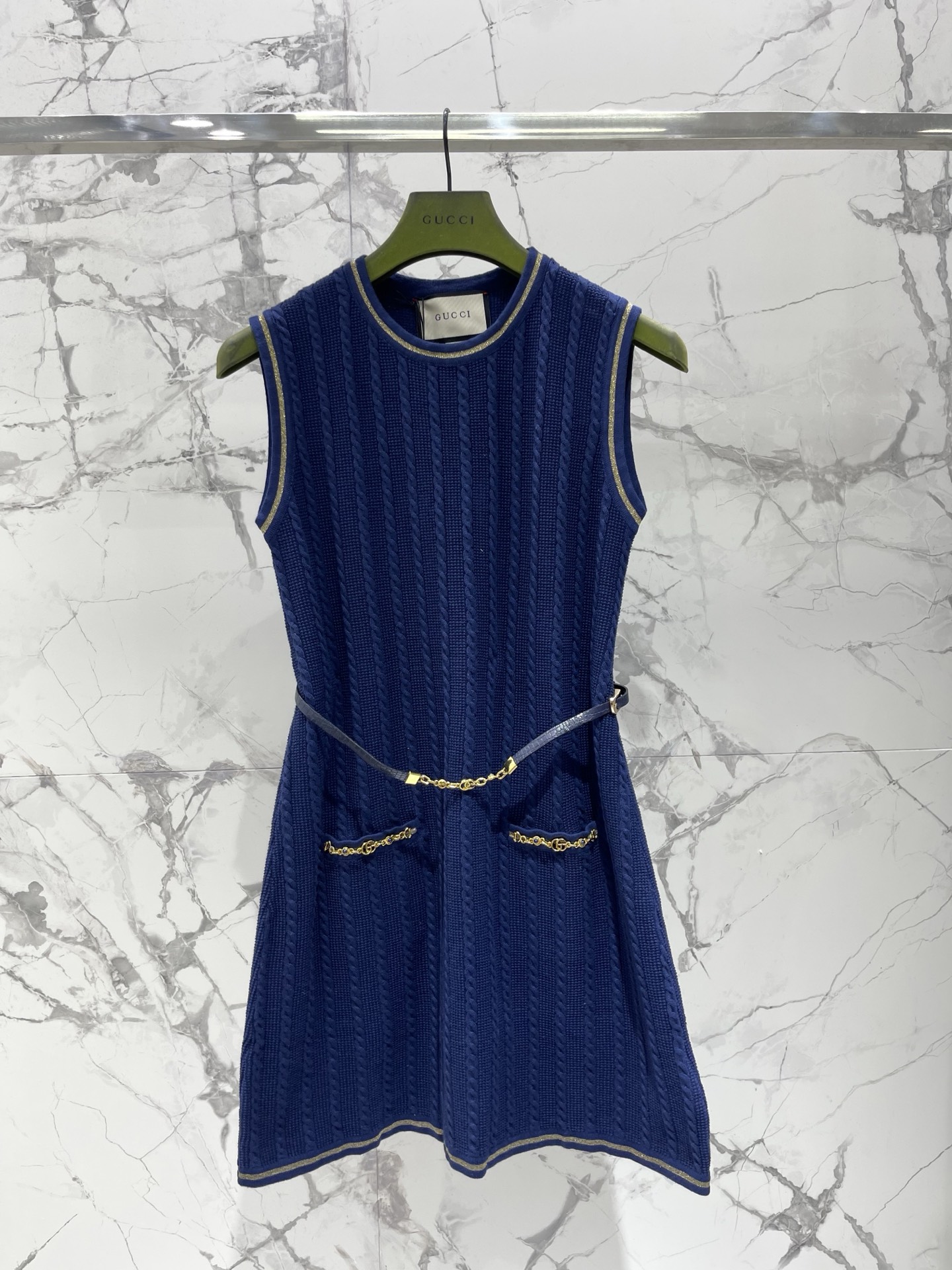 GU Royal Blue Cable Knit Sleeveless Mini Dress Gold