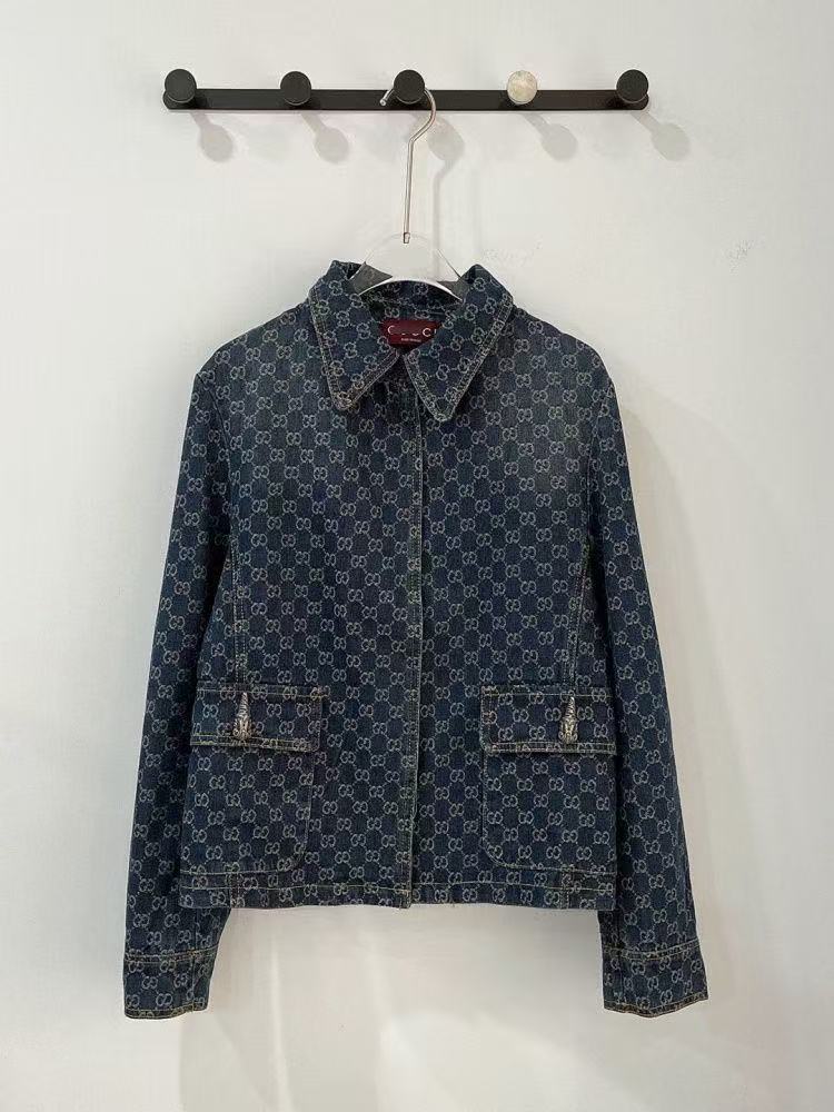GU 26Vintage All Over Print Denim Jacket Women Lapel Pocket Long Sleeve Casual Cropped Jean Coat