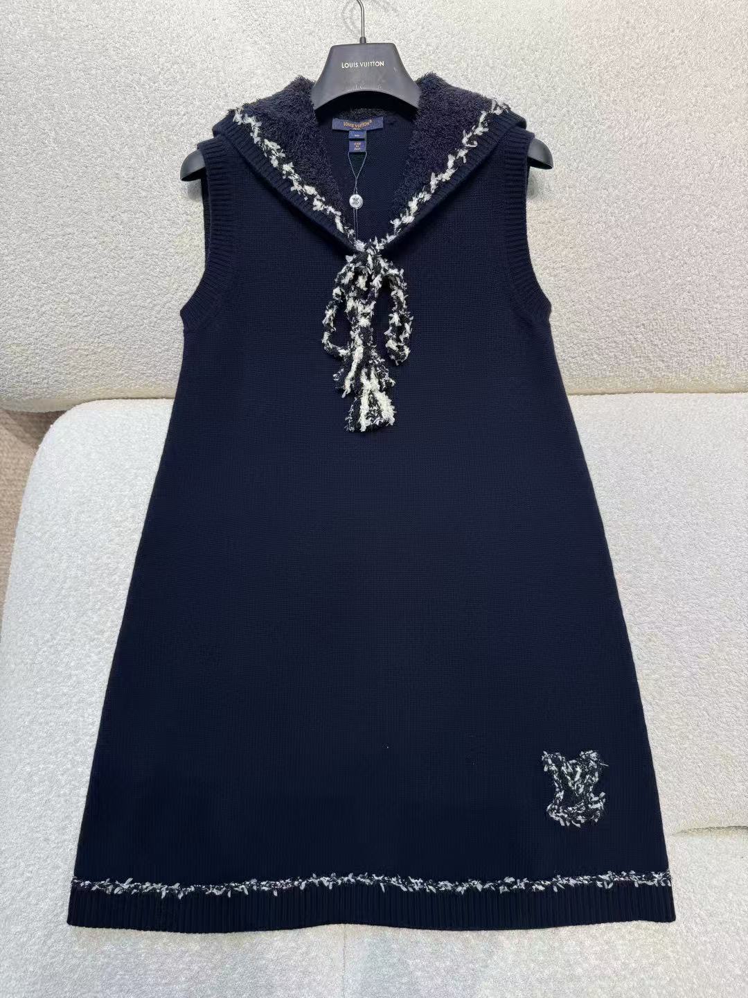 LO 26 Fringe Bow Tie Nautical Style Loose Knit Tank Dress With Embroidered Motif
