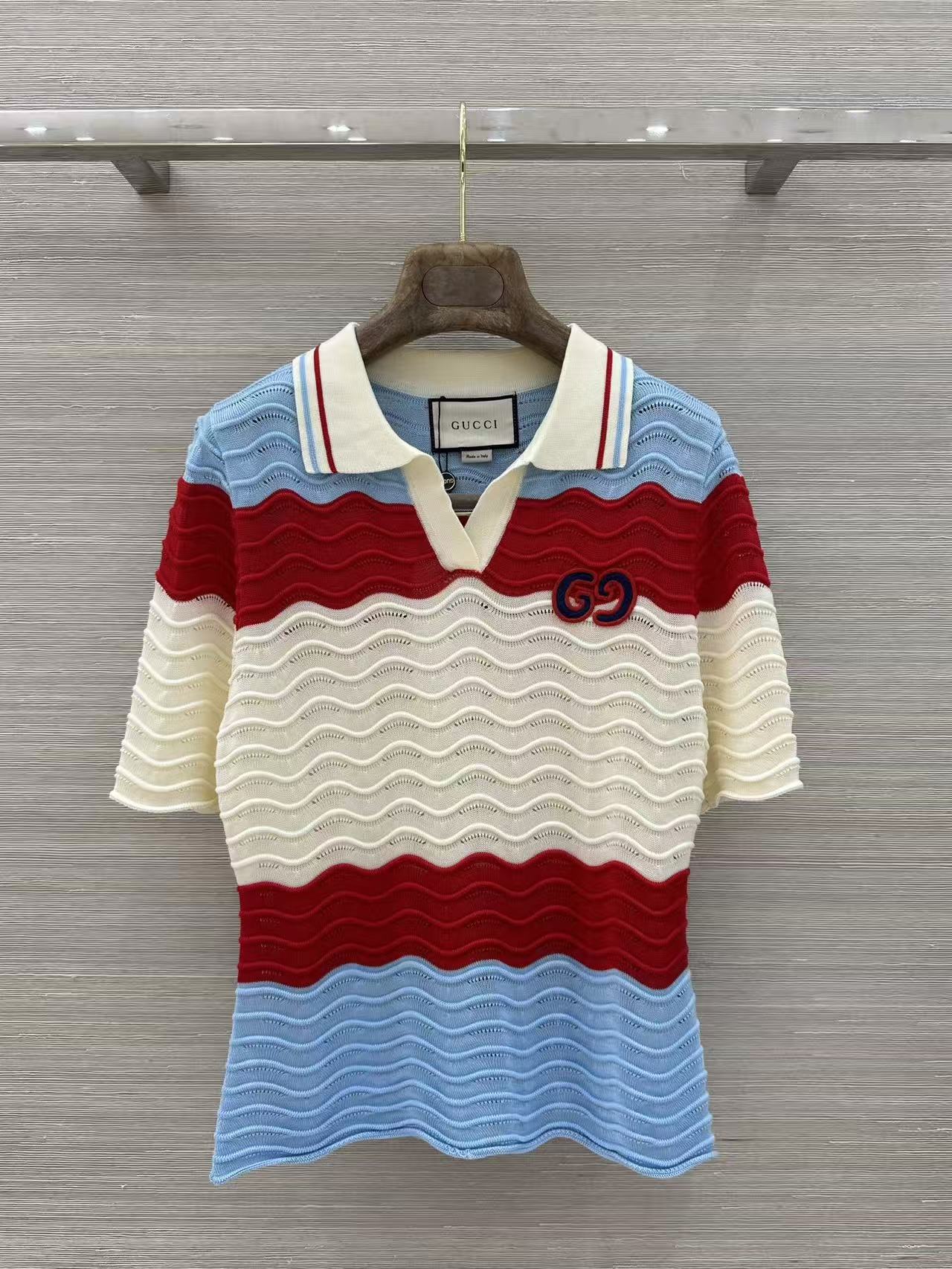 GU Striped Wave Knit Polo Shirt Contrast Collar Short Sleeve Slim Fit