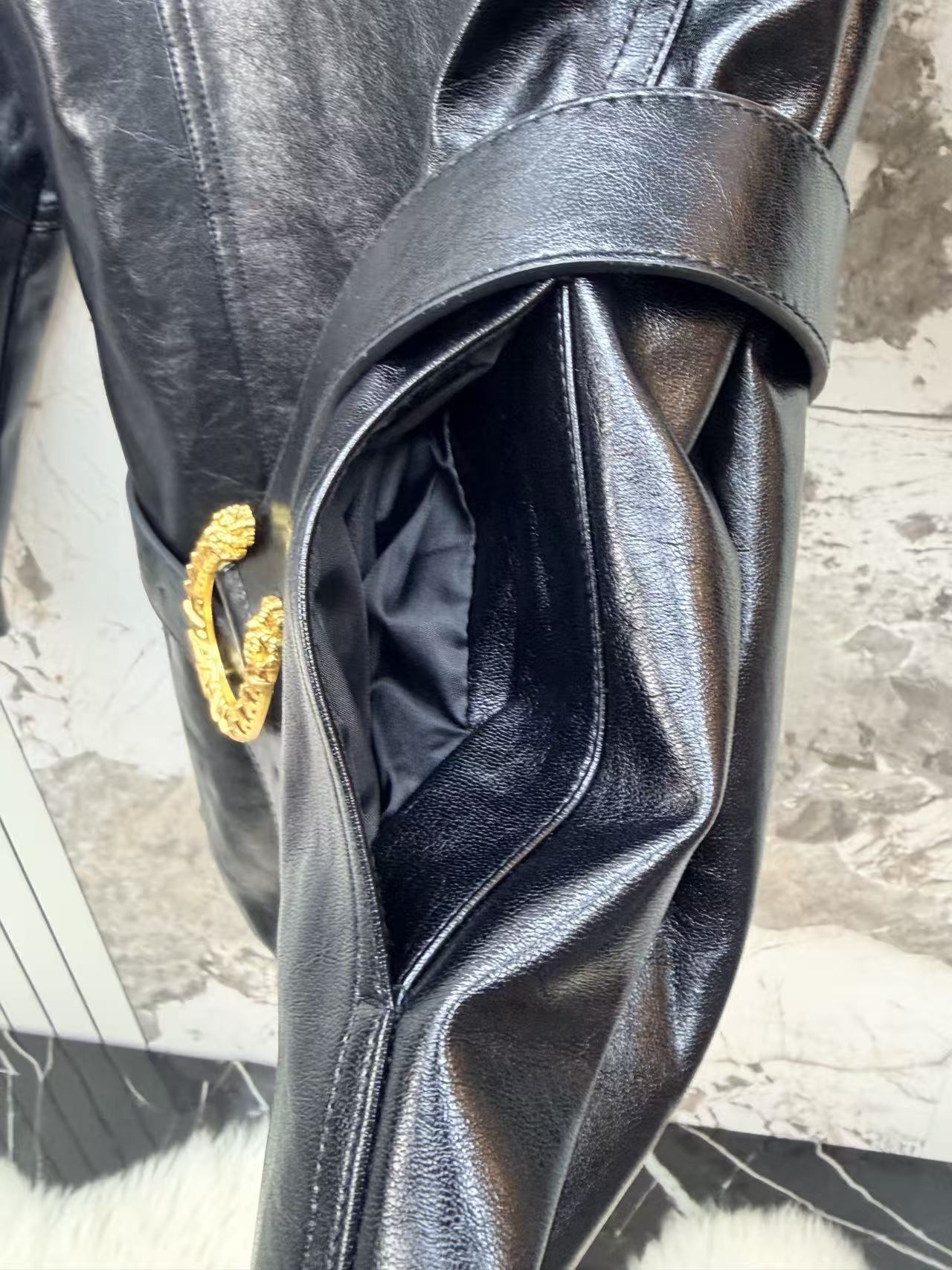 GU 26 Oversized Lapel Mid-Length Leather Outerwear