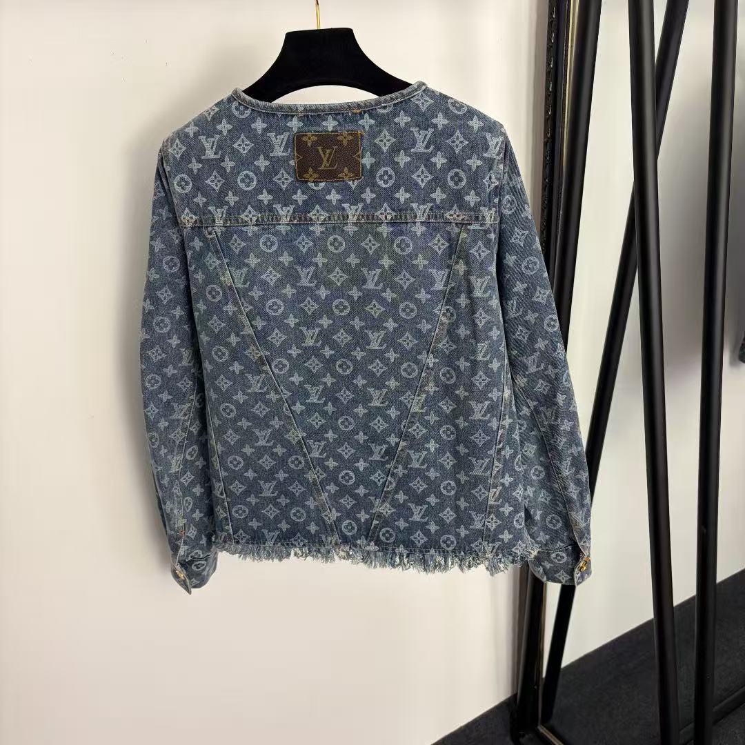 LO 26 Dark Blue All Over Jacquard Pattern Round Neck Fringe Hem Denim Jacket
