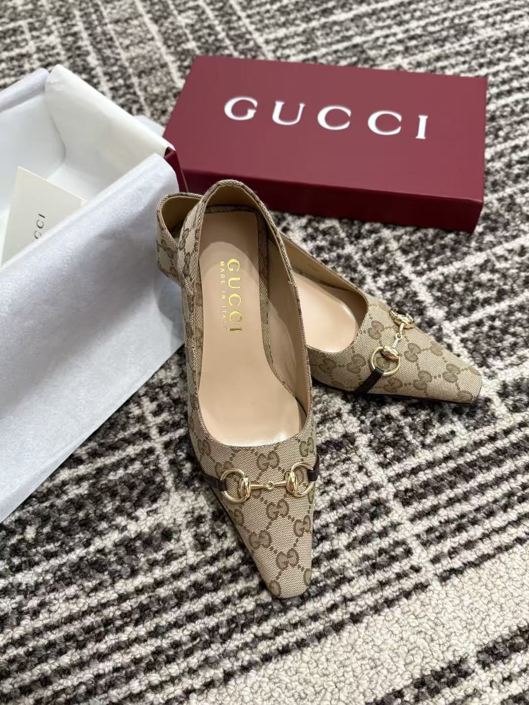 LO 26 Classic Canvas Pattern Backless Slingback Mules With Gold Horsebit Hardware