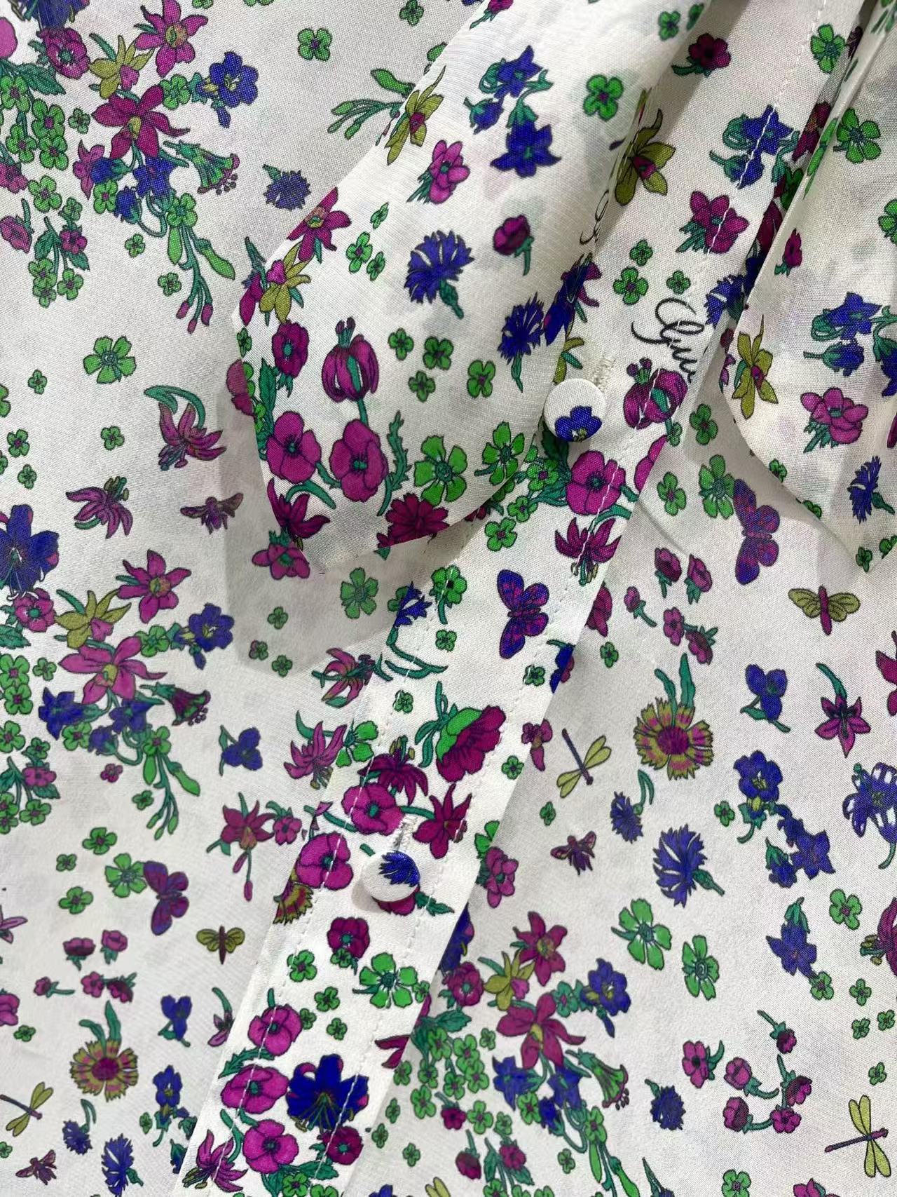 GU 26 Multi Color Wild Flower Bow Collar Satin Shirt