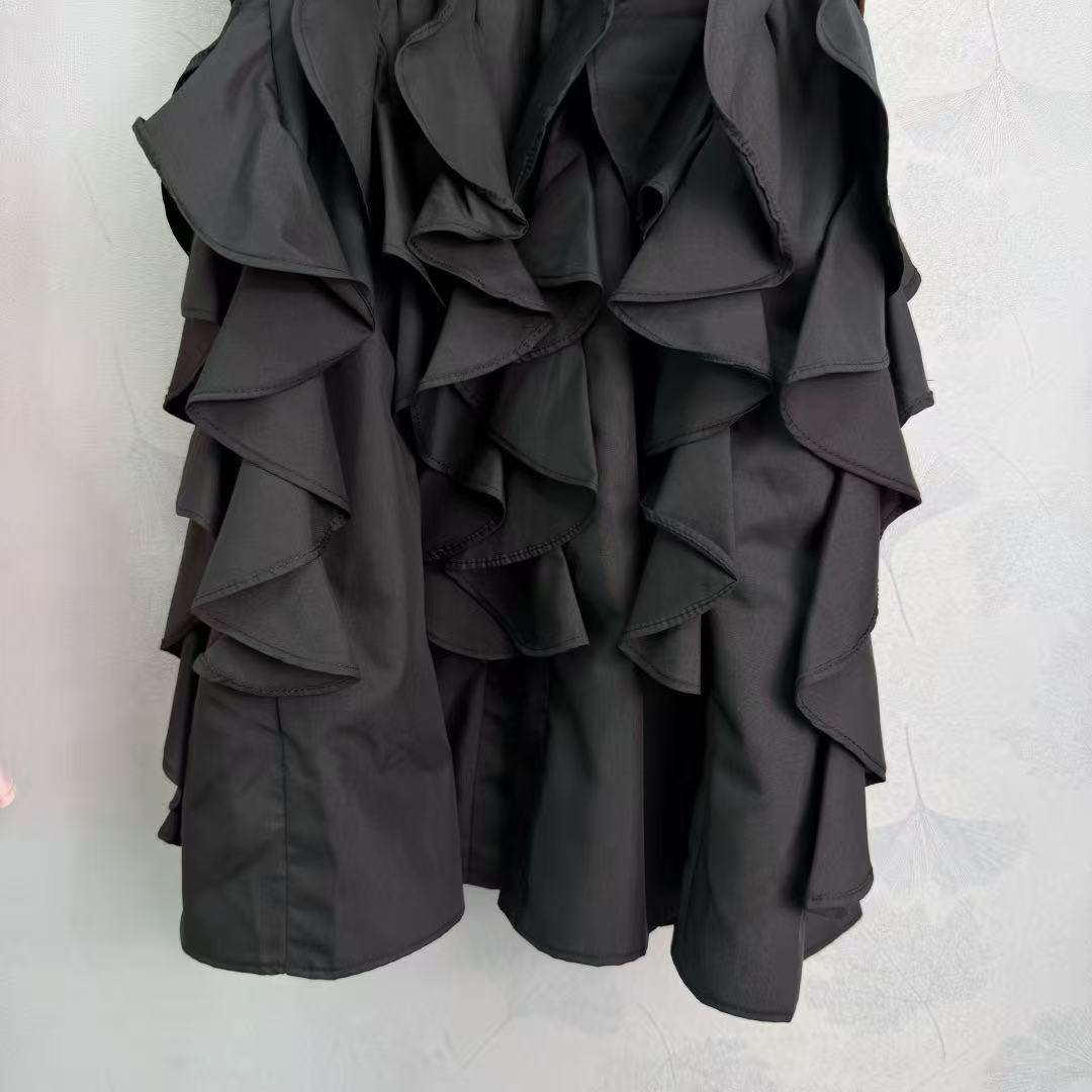 LO26 Tie Neck Multi Layer Flounce Hem Sleeveless Short Dress Metal Buckle Waist Belt