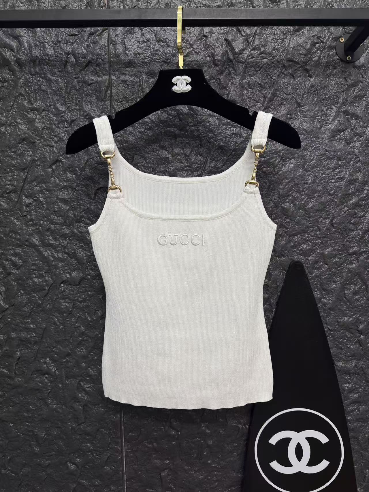GU Ribbed Knit Adjustable Strap Cami Tank Top Gold Buckle Slim Fit