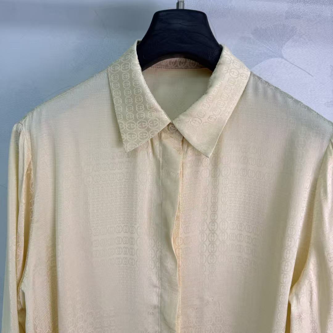 GU Cream Satin Texture Lapel Collar Long Sleeve Button Down Blouse