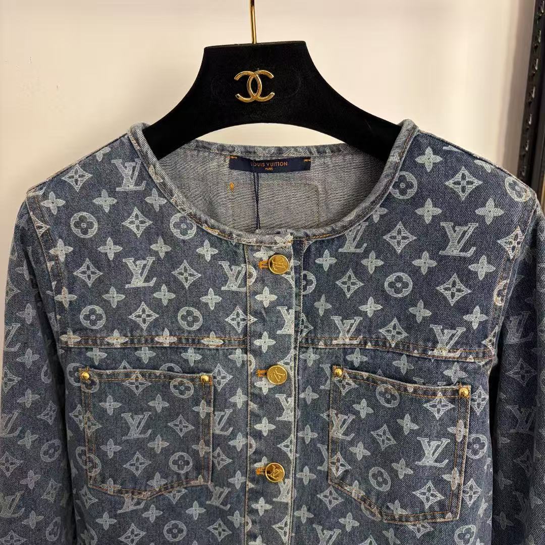 LO 26 Dark Blue All Over Jacquard Pattern Round Neck Fringe Hem Denim Jacket