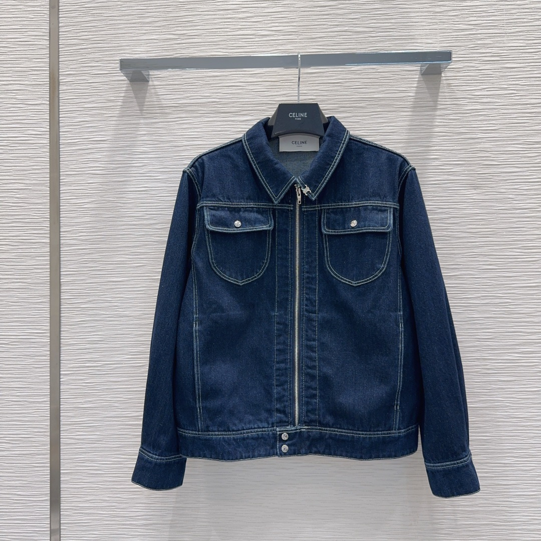 Cha 26 Classic White Stitch Zip Up Denim Jacket