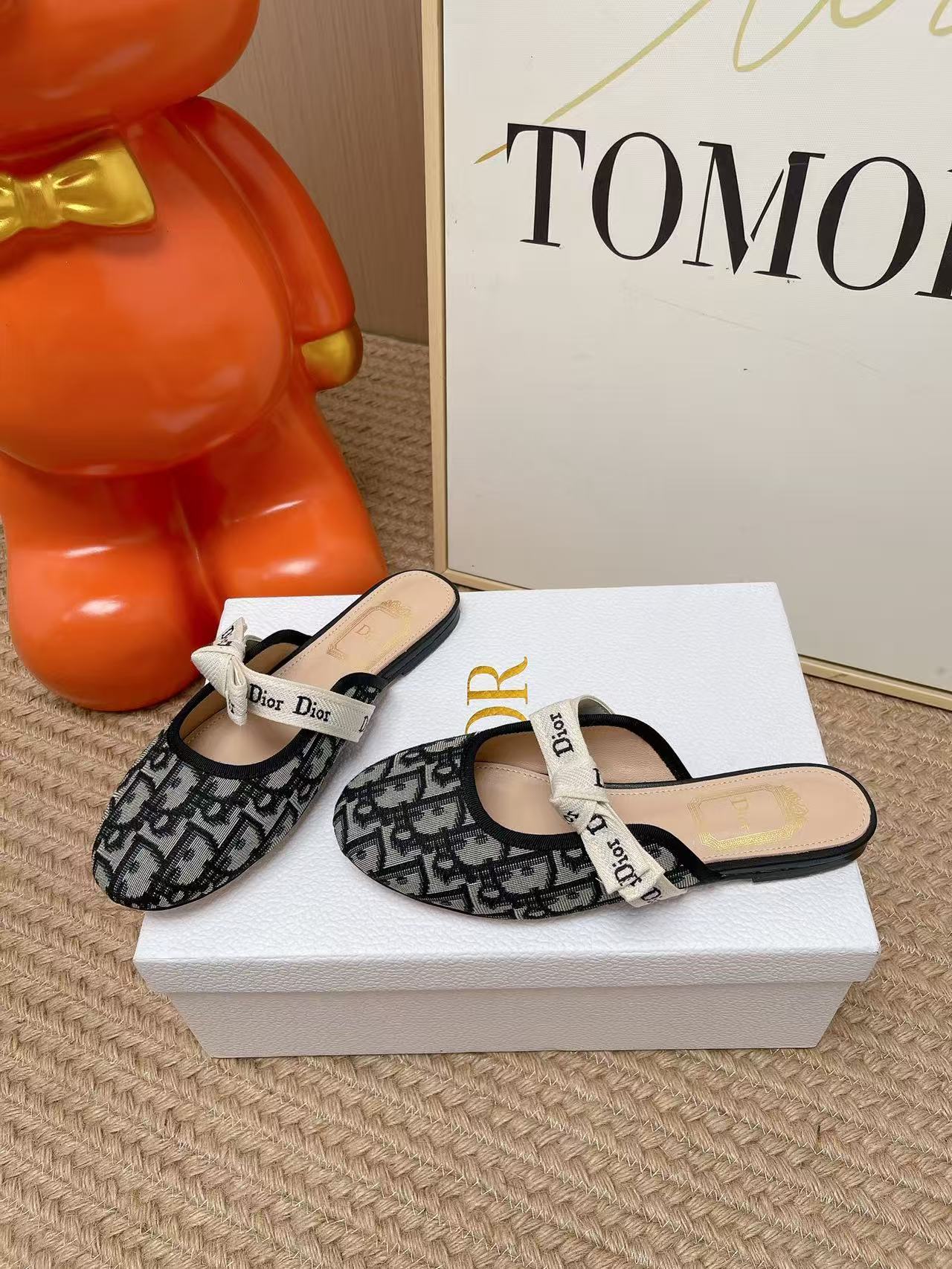 Di Jacquard Pattern Ribbon Bow Mule Slides