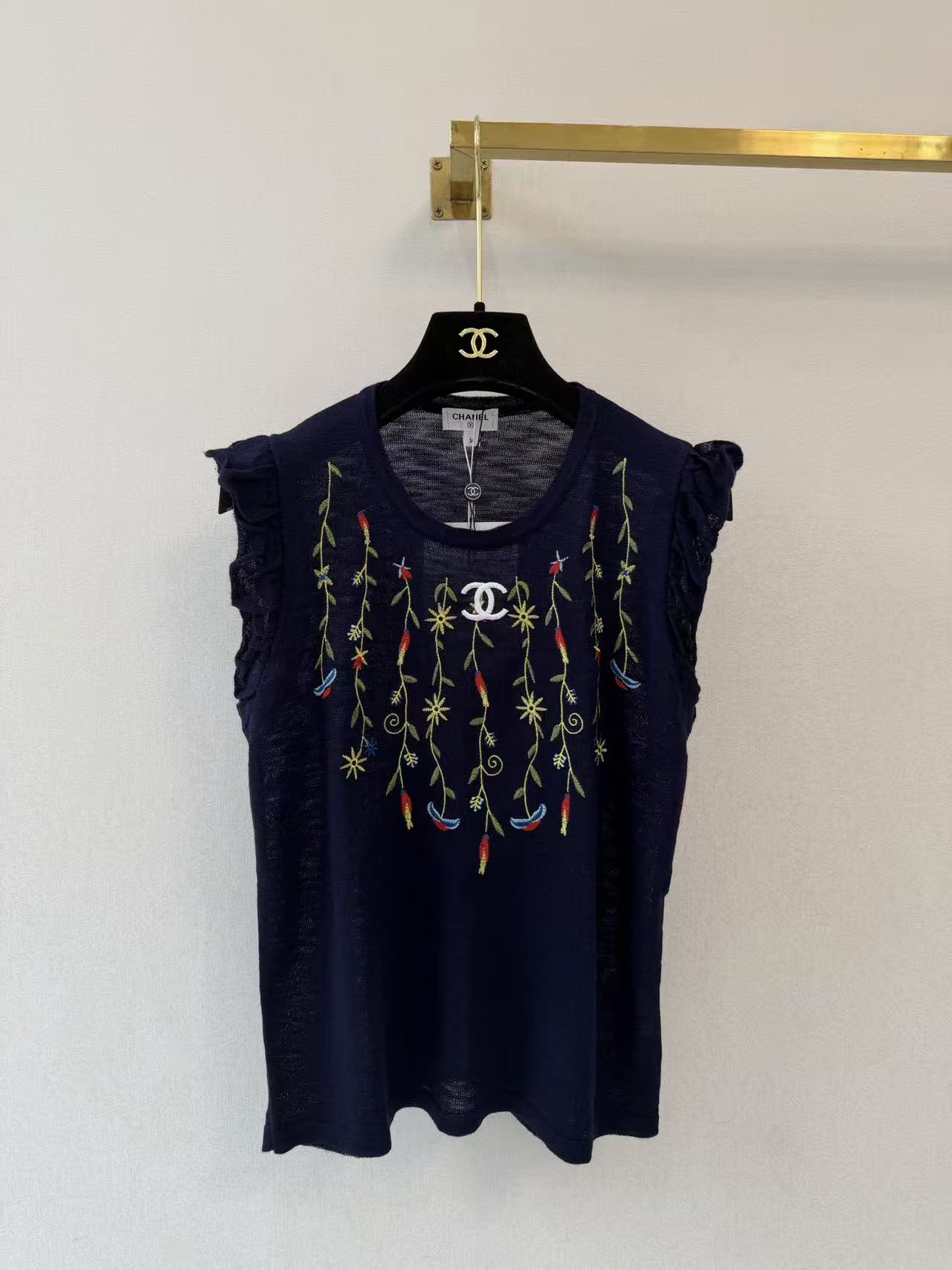Cha 26 Navy Sleeveless Knit Tank Top Ruffle Shoulder Colorful Vine Floral Embroidery Front
