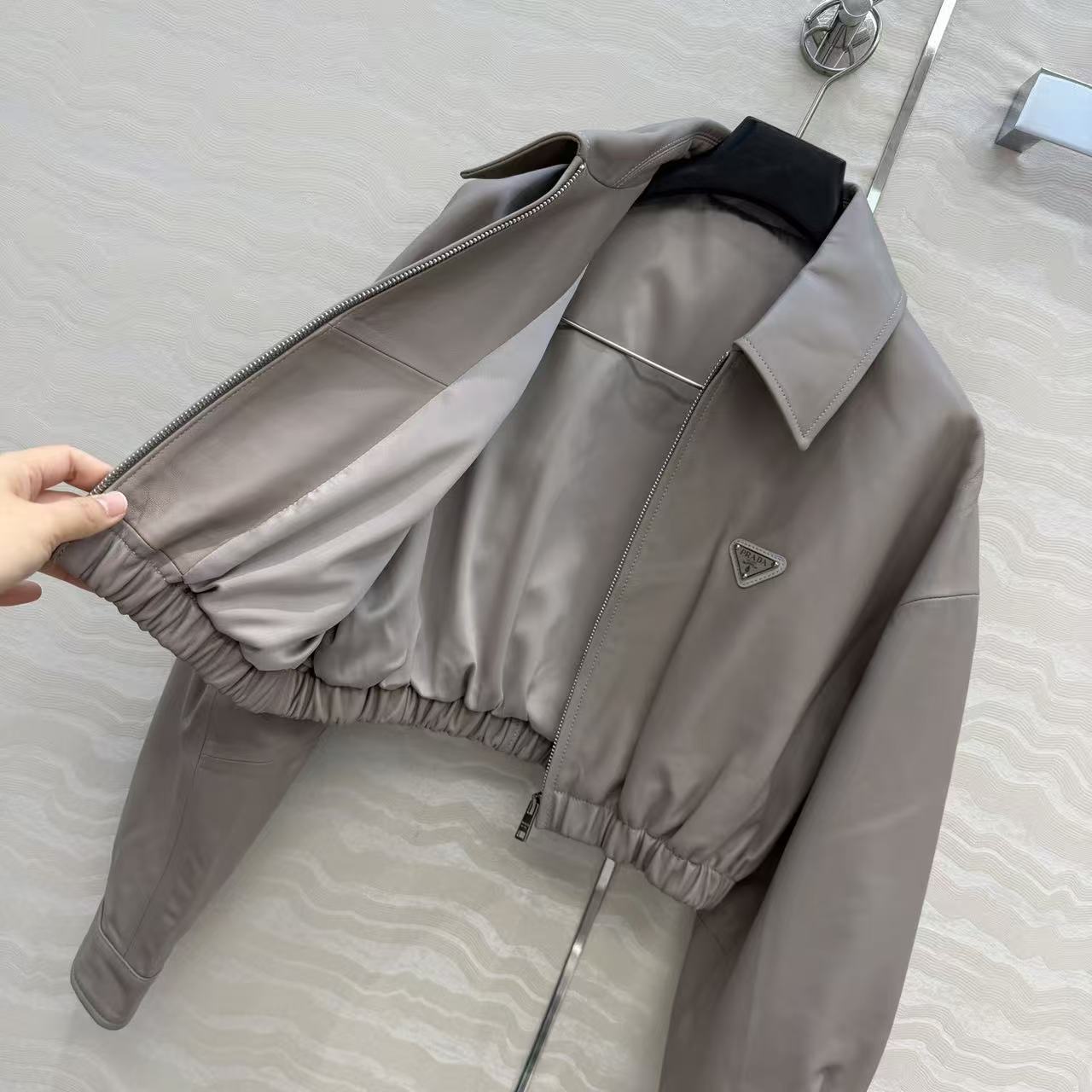 PR 26 Grey Faux Leather Cropped Zip Jacket