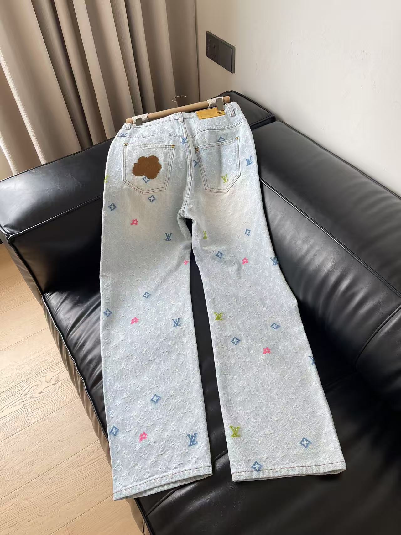LO 26Pale Blue High Waist Five Pocket Loose Denim Pants Colorful Mini Pattern
