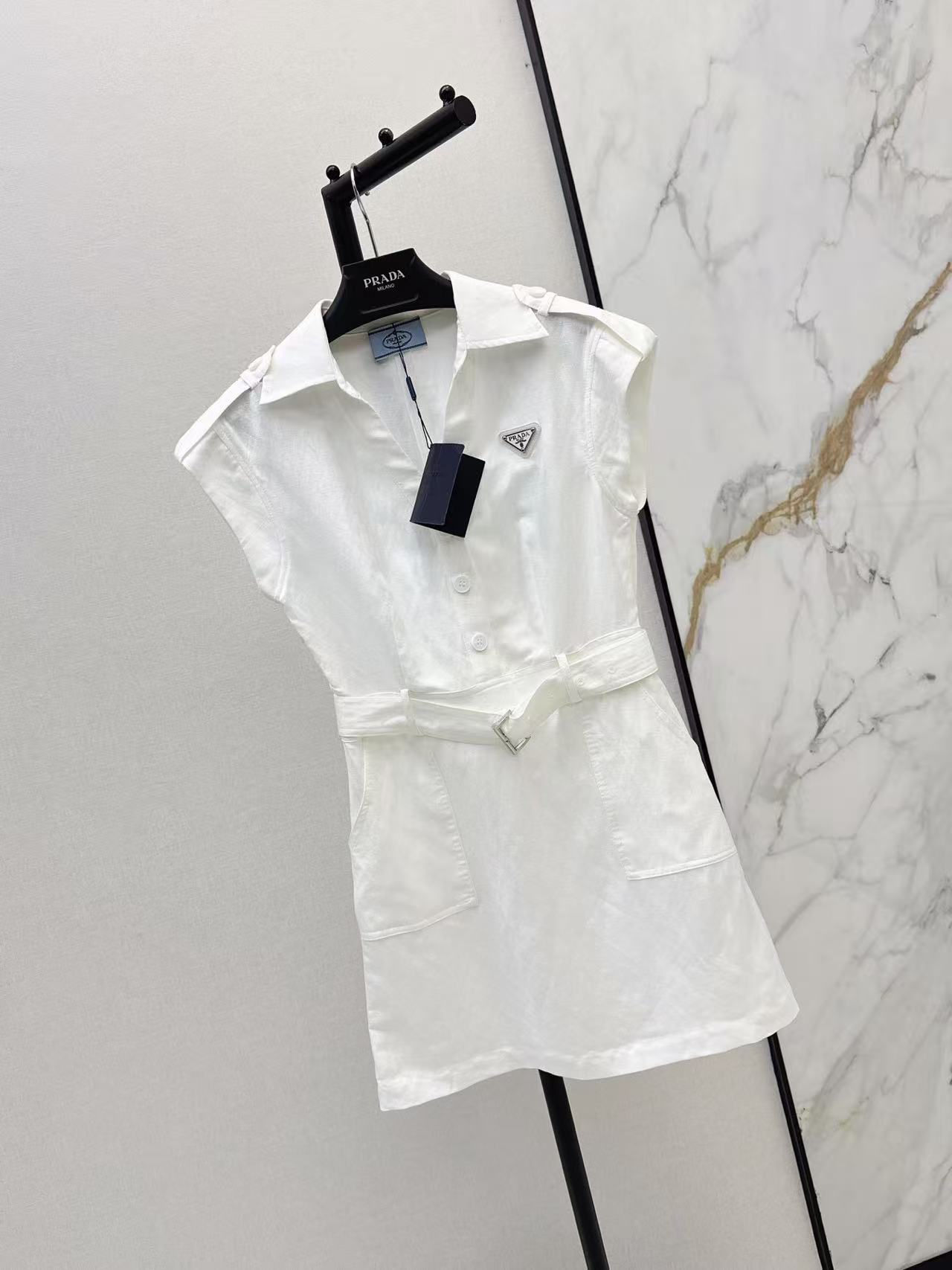 PR Sleeveless Cargo Belted Mini Shirt Dress With Triangle Logo Badge