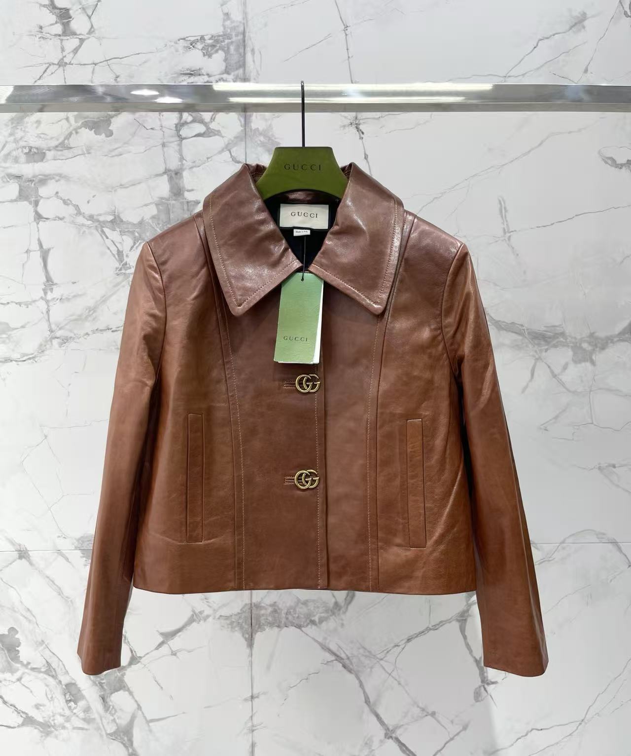 GU 26 Women Black Leather Cropped Jacket With Double G Metal Buttons