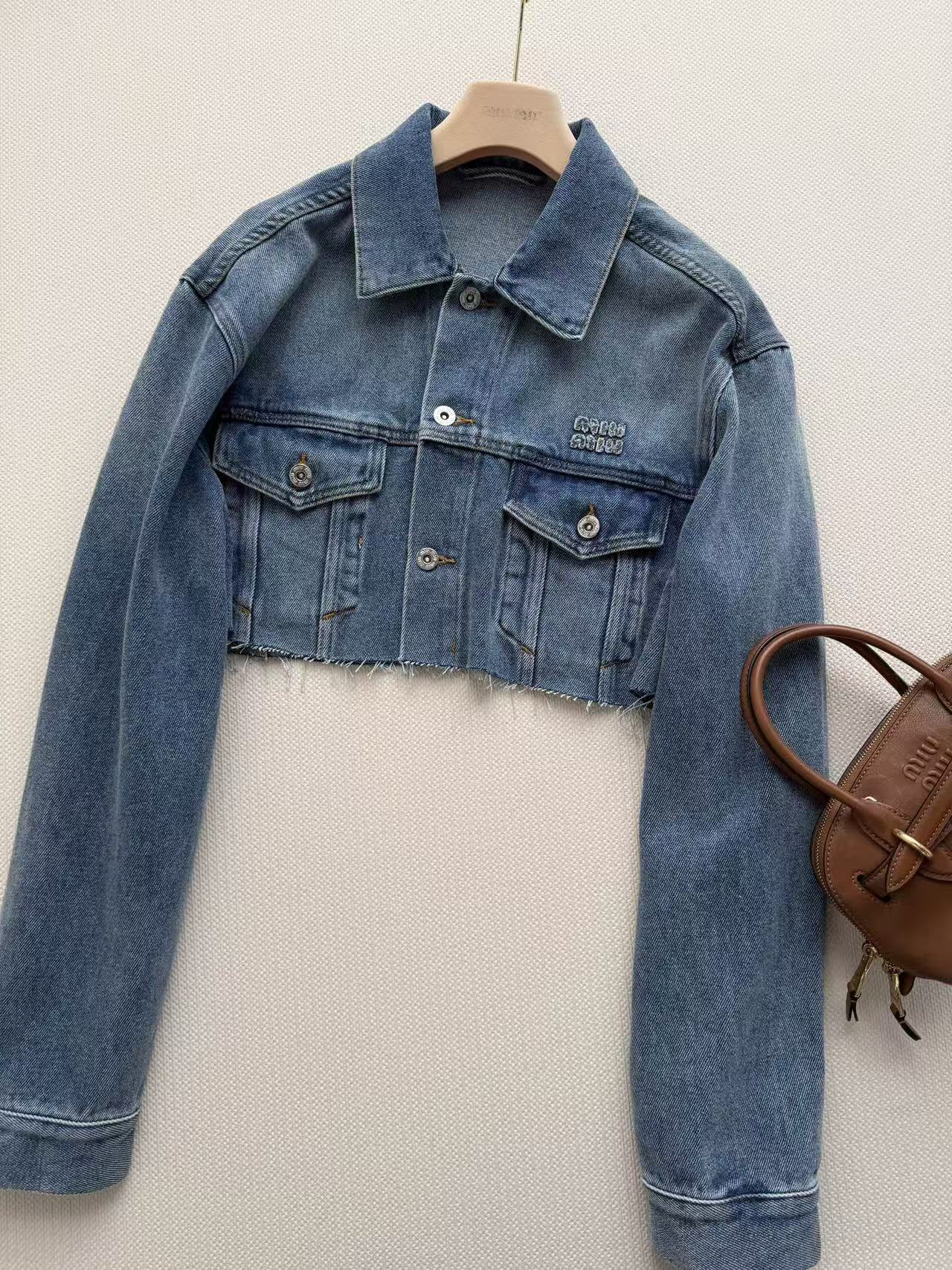 M Series  Frayed Hem Cropped Denim Jacket With Logo Embroidery