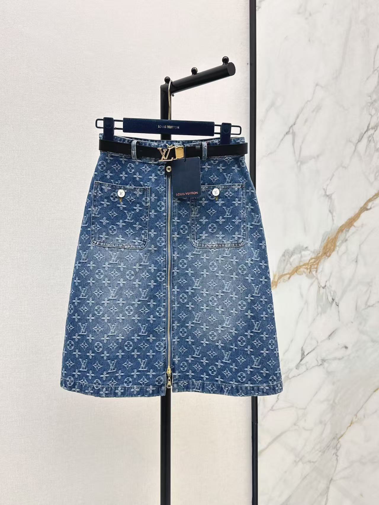 LO 26 Monogram Jacquard Front Zip Denim Midi Skirt
