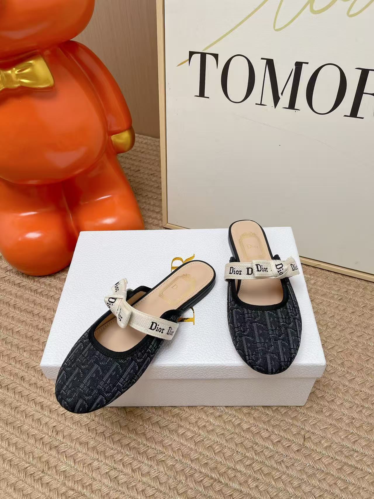 Di Jacquard Pattern Ribbon Bow Mule Slides
