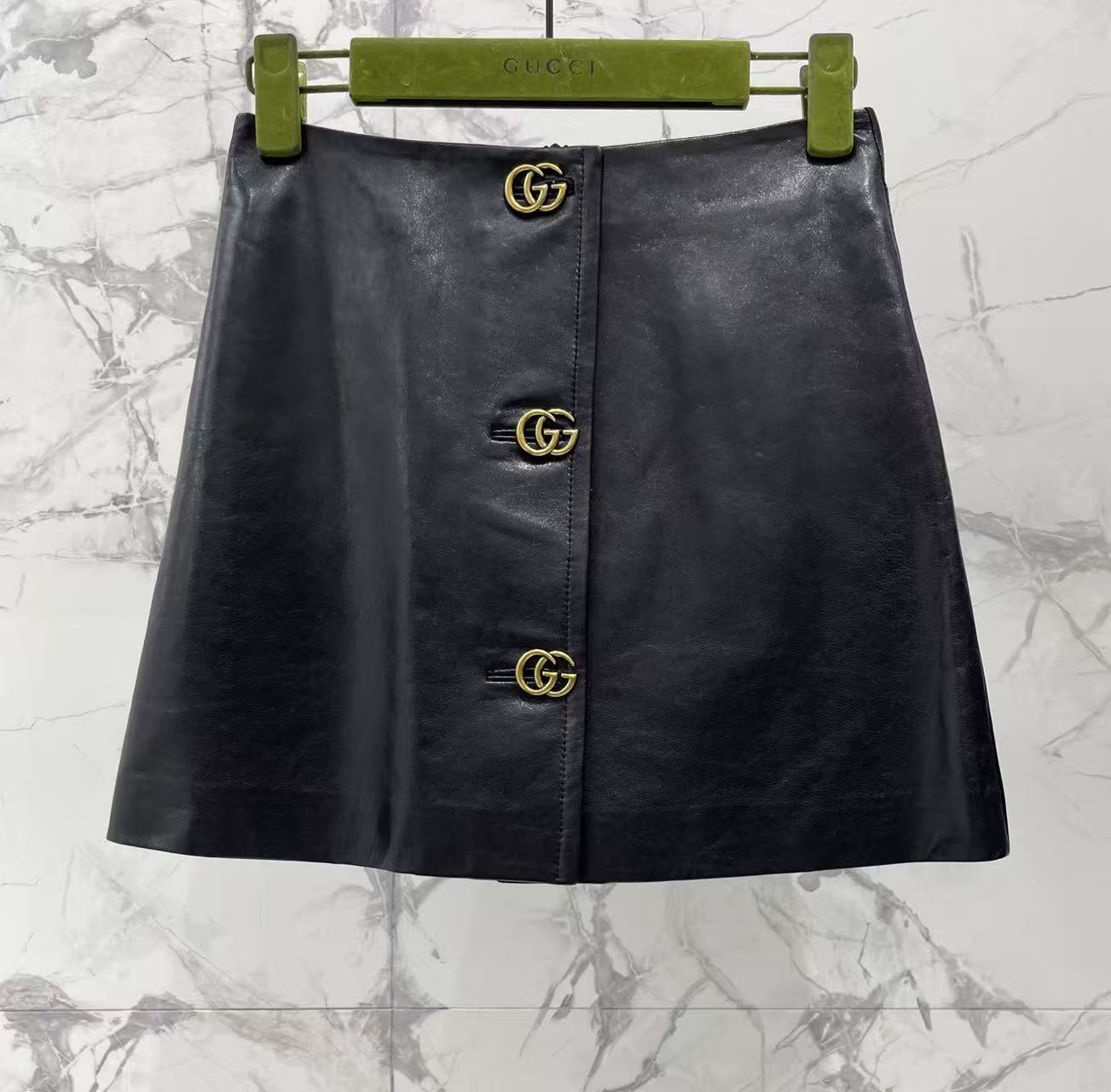 GU Faux Leather High Waist Mini Skirt Gold Decorative Button Bodycon Short Skirt