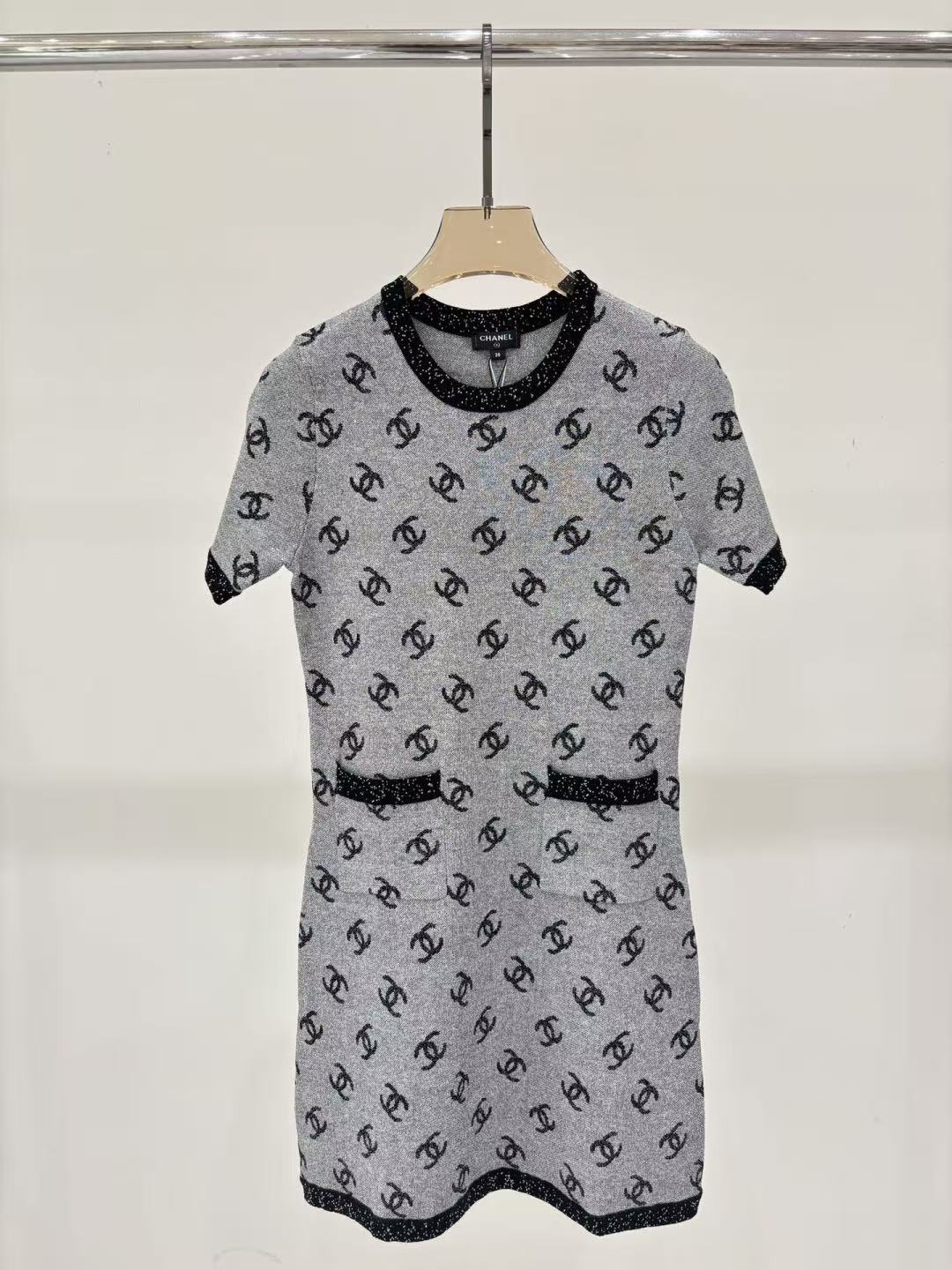 Cha 26 Grey All Over Logo Knit Mini Dress Glitter Trim