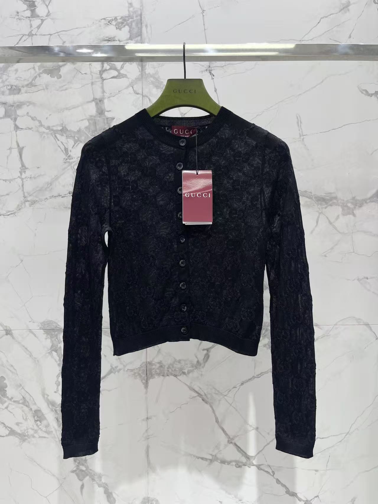 GU 26Sheer Flower Lace Round Neck Button Front Knit Jacket
