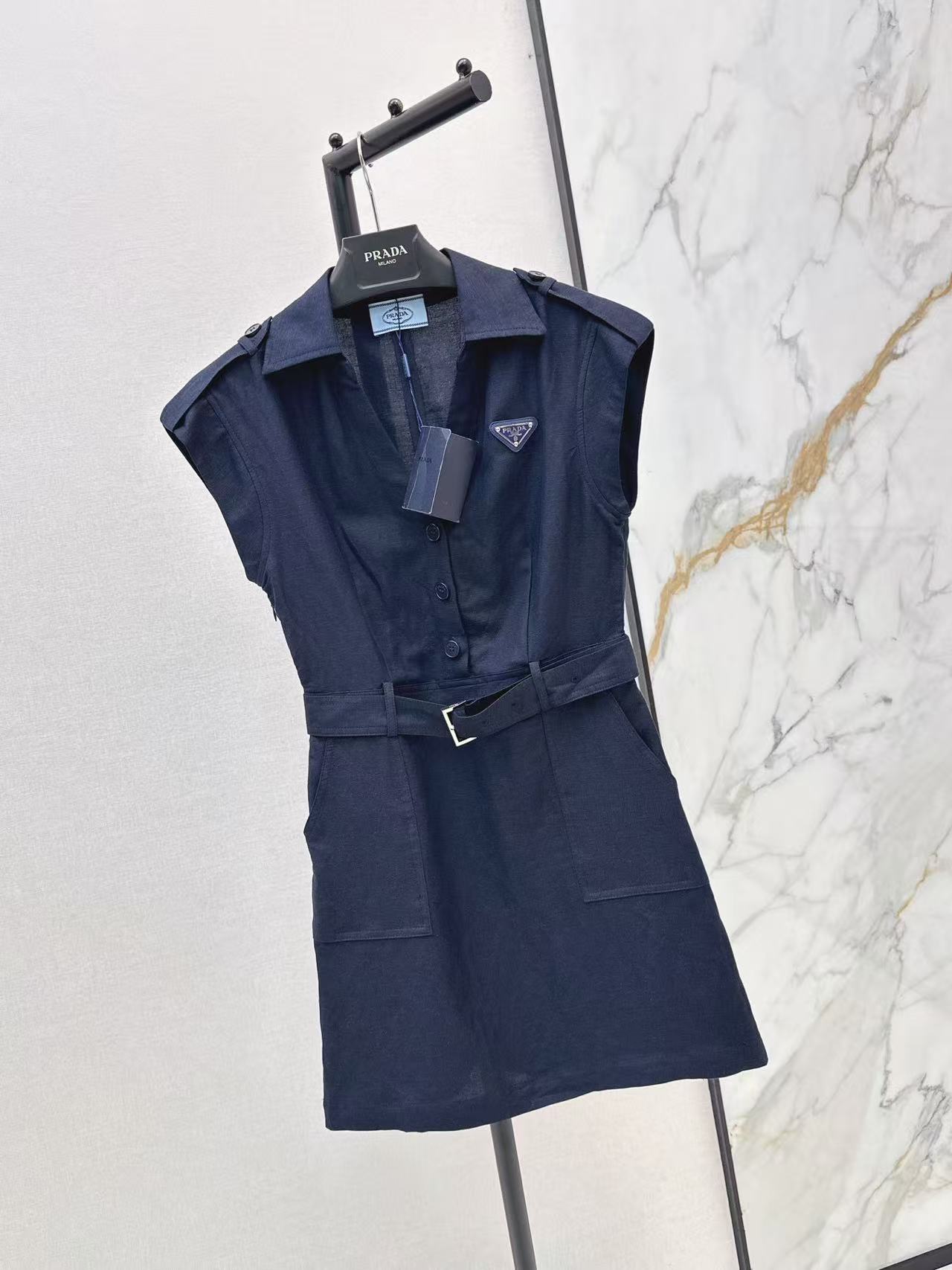 PR Sleeveless Cargo Belted Mini Shirt Dress With Triangle Logo Badge