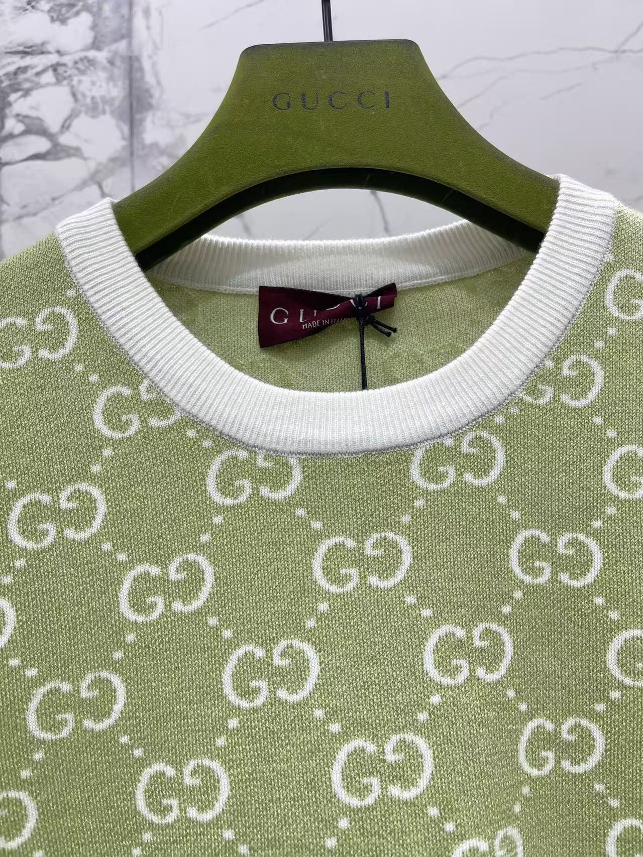 GU  26 Green Jacquard Pattern Short Sleeve Knit Top Contrast Crew Neck Slim
