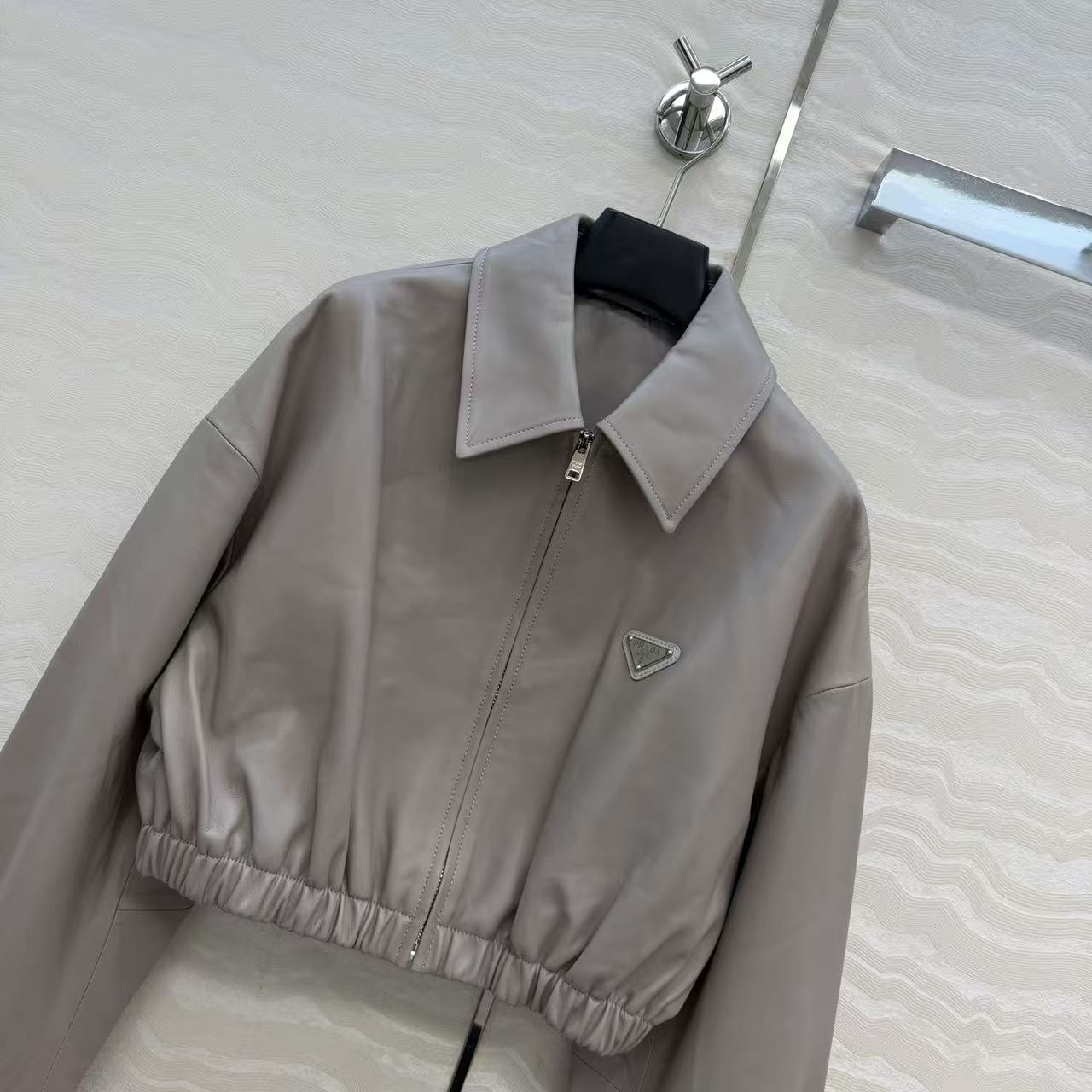 PR 26 Grey Faux Leather Cropped Zip Jacket