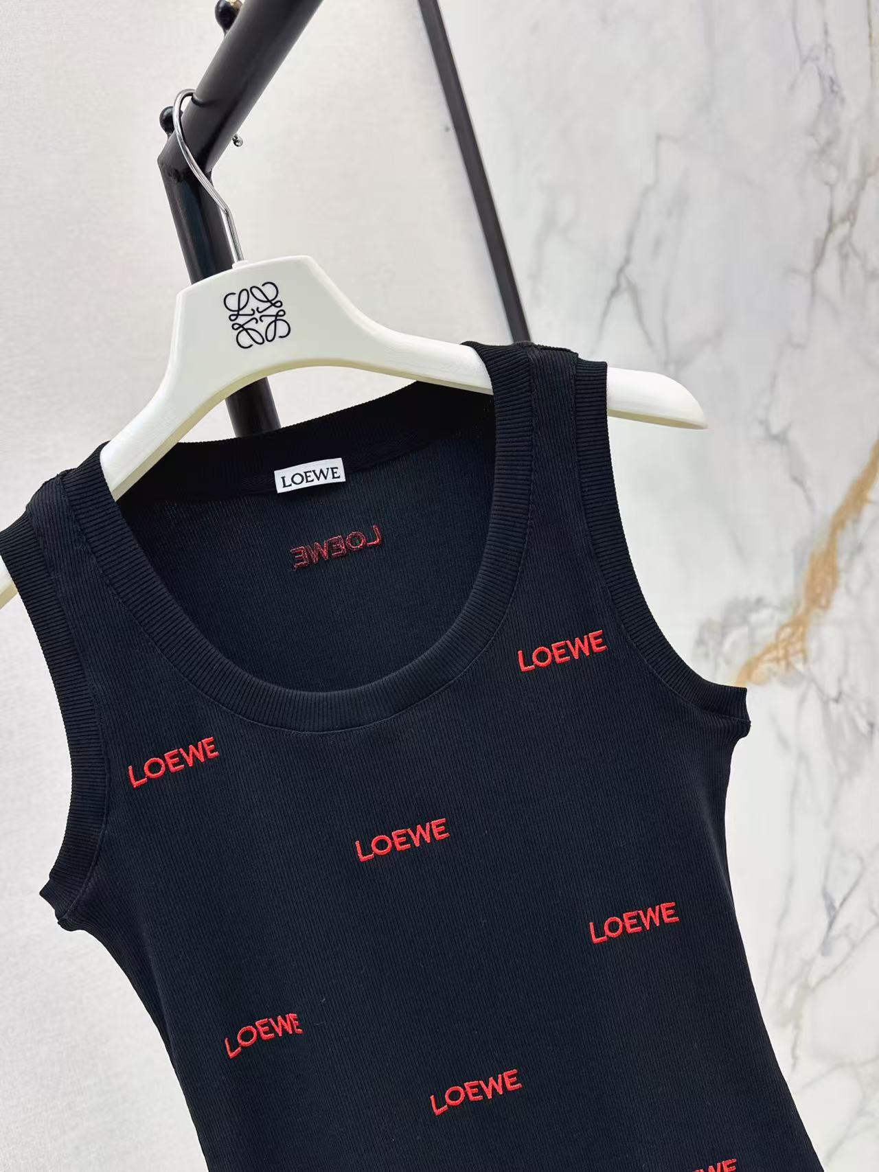 LOE 26All Over Red Letter Embroidered Ribbed Tank Top