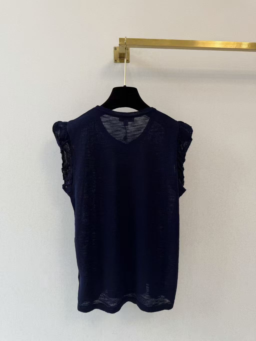 Cha 26 Navy Sleeveless Knit Tank Top Ruffle Shoulder Colorful Vine Floral Embroidery Front