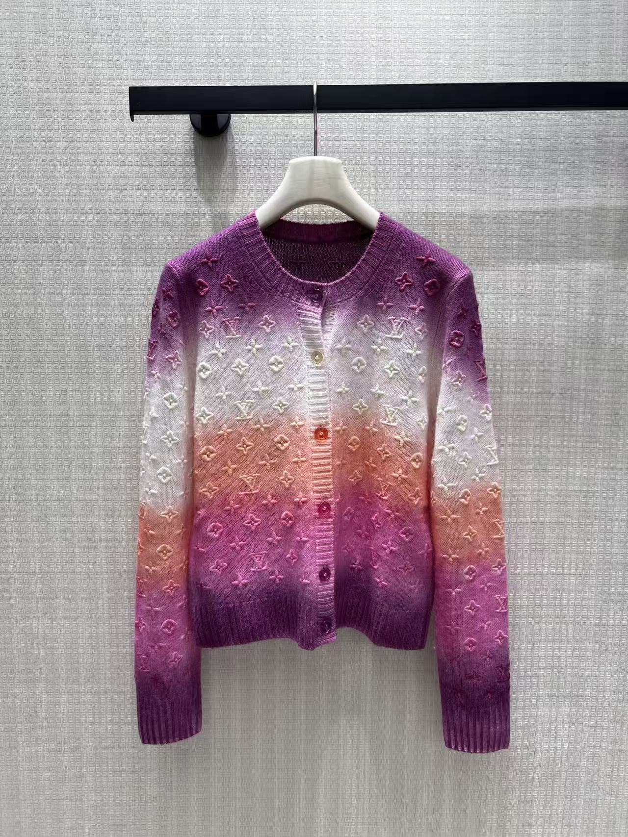 Gradient Color Embossed Monogram Knit Cardigan Women Round Neck Button Front Sweater Coat