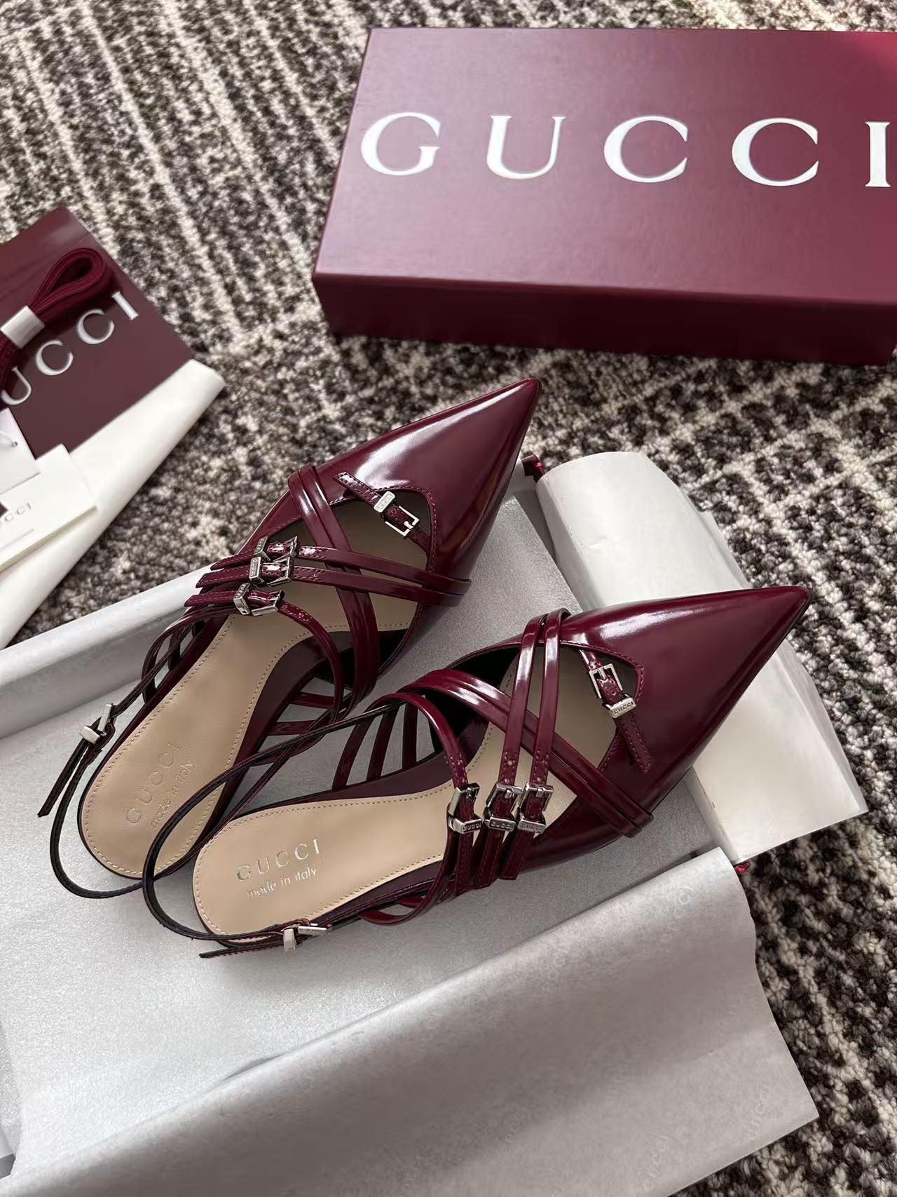 LO 26 Glossy Leather Cutout Strappy Backless Pointy High Heel Sandals