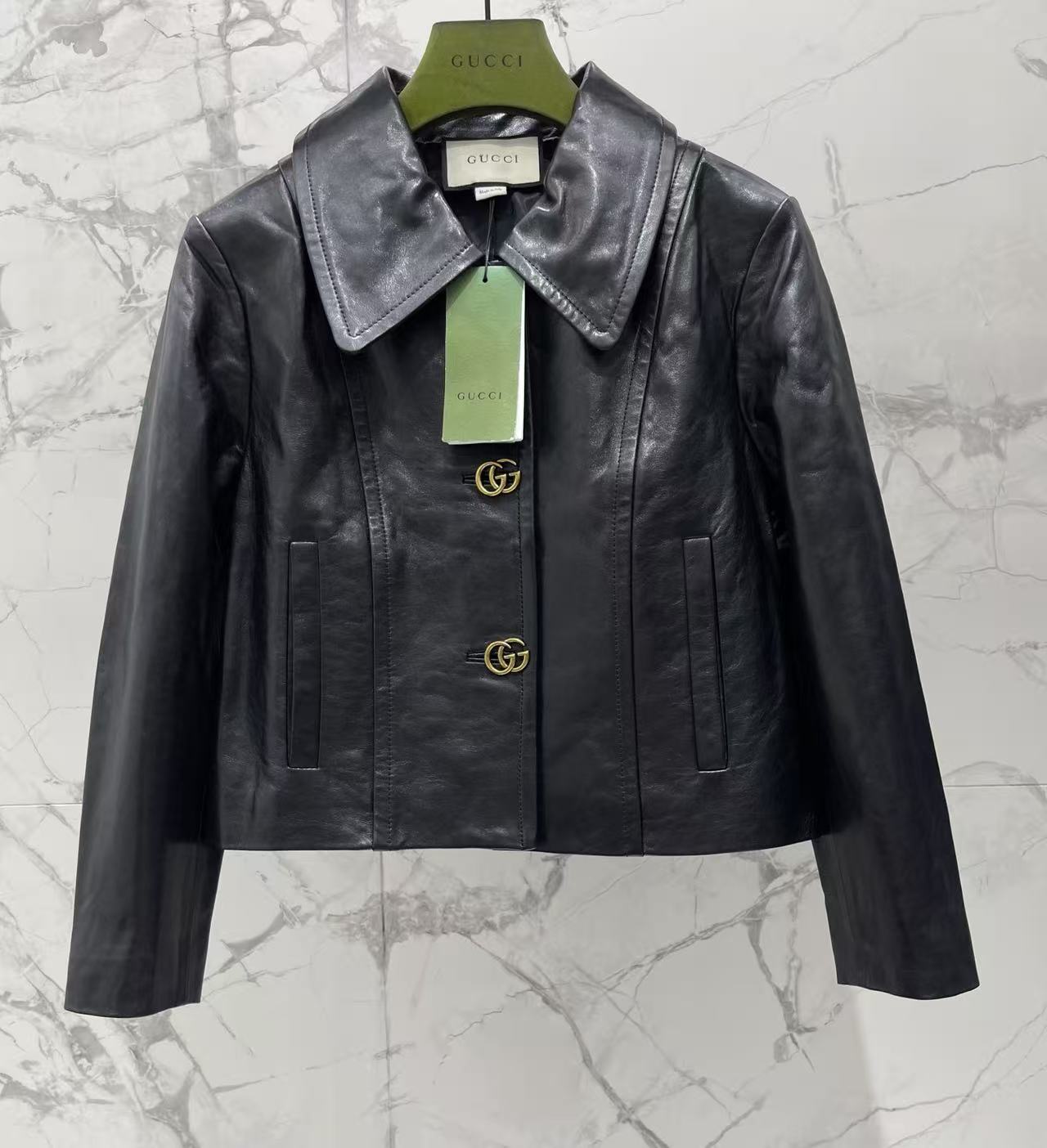 GU 26 Women Black Leather Cropped Jacket With Double G Metal Buttons