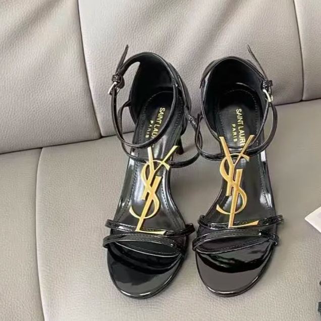 YSL - Style Black Patent Leather Strappy Sandals: Sleek Elegance for Evening Glamour