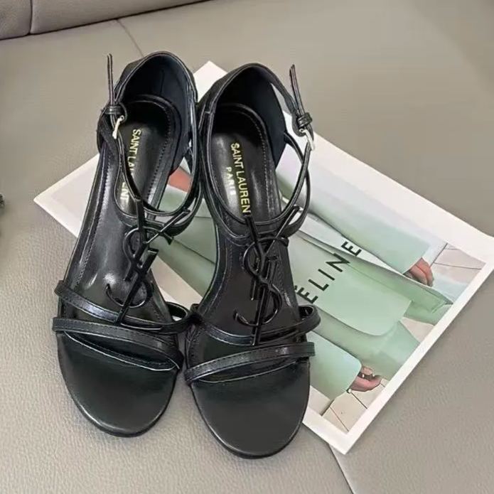 YSL - Style Black Patent Leather Strappy Sandals: Sleek Elegance for Evening Glamour