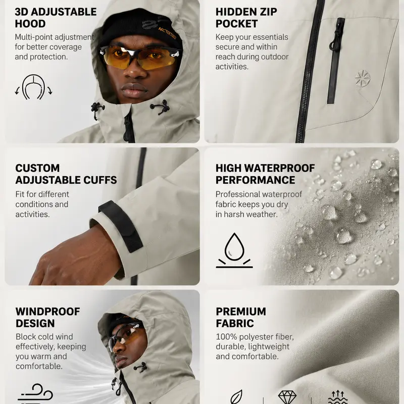  Unisex Waterproof Hooded Jacket Black/Teal/Ivory
