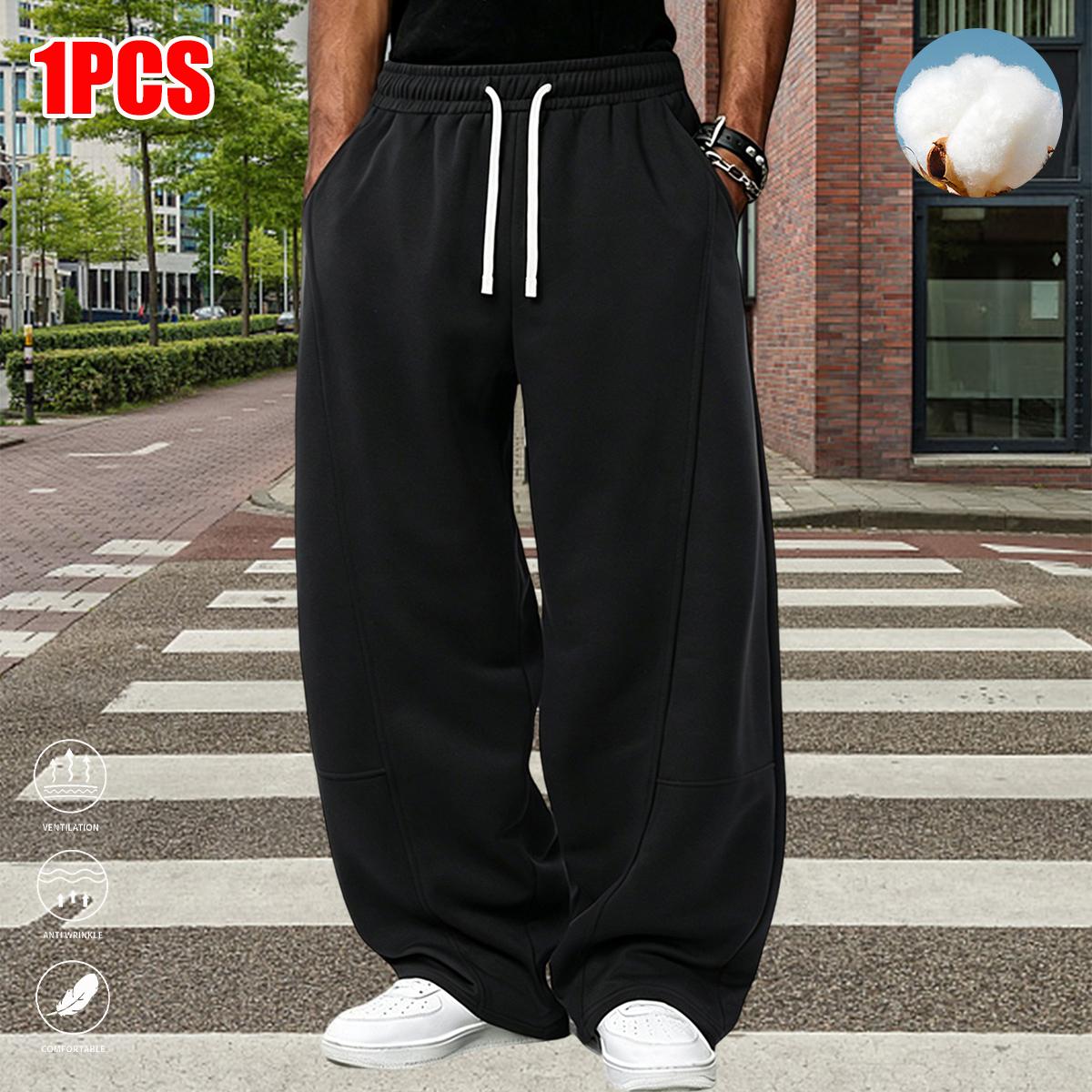 Men's Cotton Blend Casual Athletic Pants - Men's Clothing, Casual Comfy Fit, Loose-Fit, Mid-Waist, Straight Cut, Solid Color, Autumn/Winter Long Pants with Pockets for Everyday Wear