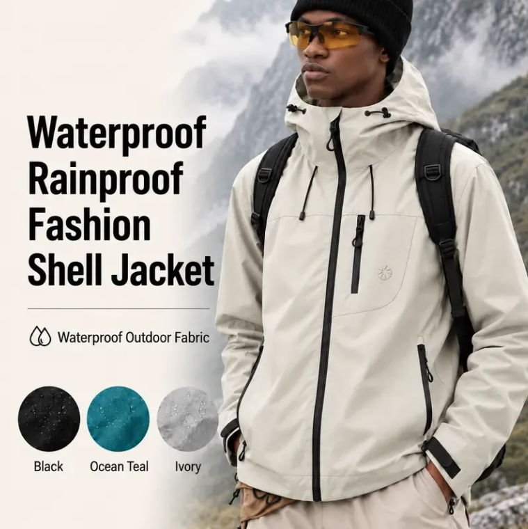  Unisex Waterproof Hooded Jacket Black/Teal/Ivory