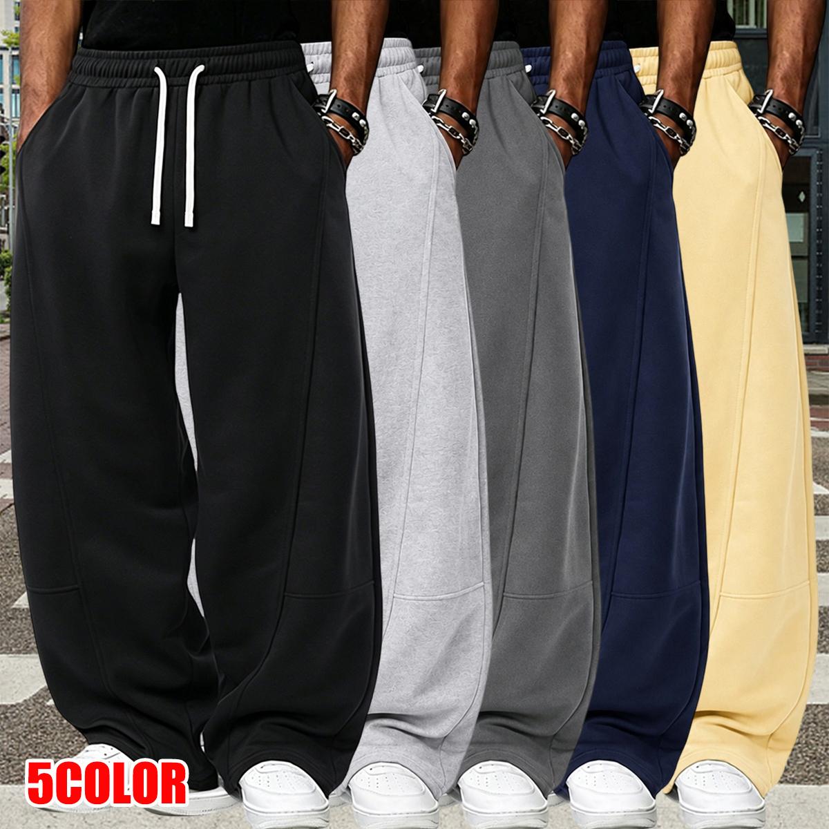 Men's Cotton Blend Casual Athletic Pants - Men's Clothing, Casual Comfy Fit, Loose-Fit, Mid-Waist, Straight Cut, Solid Color, Autumn/Winter Long Pants with Pockets for Everyday Wear