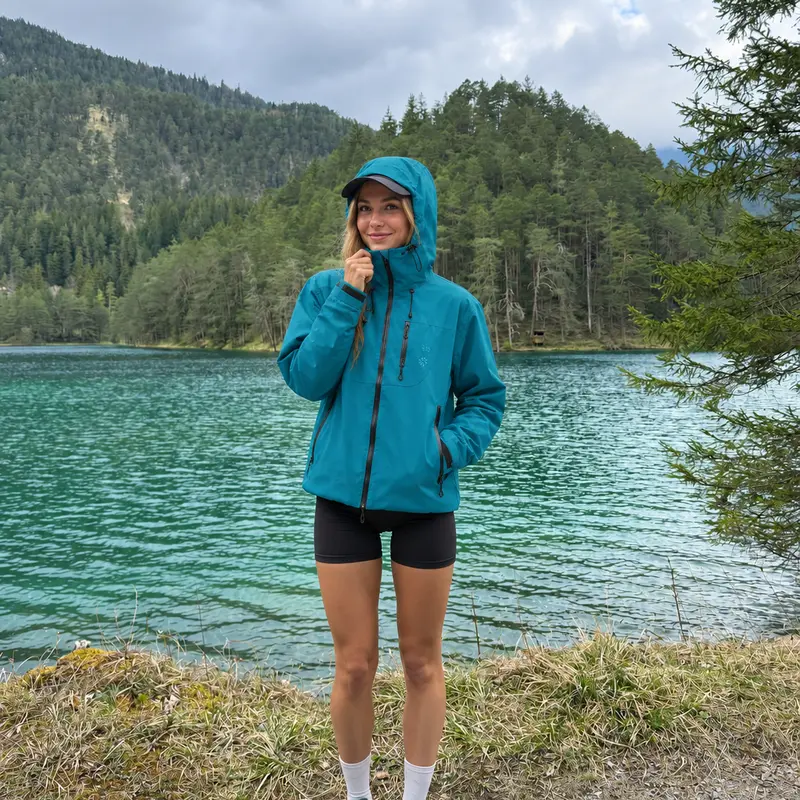  Unisex Waterproof Hooded Jacket Black/Teal/Ivory