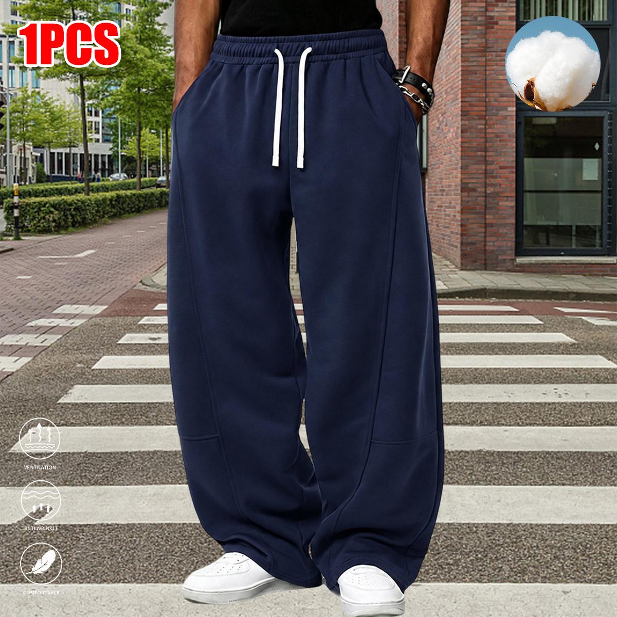 Men's Cotton Blend Casual Athletic Pants - Men's Clothing, Casual Comfy Fit, Loose-Fit, Mid-Waist, Straight Cut, Solid Color, Autumn/Winter Long Pants with Pockets for Everyday Wear
