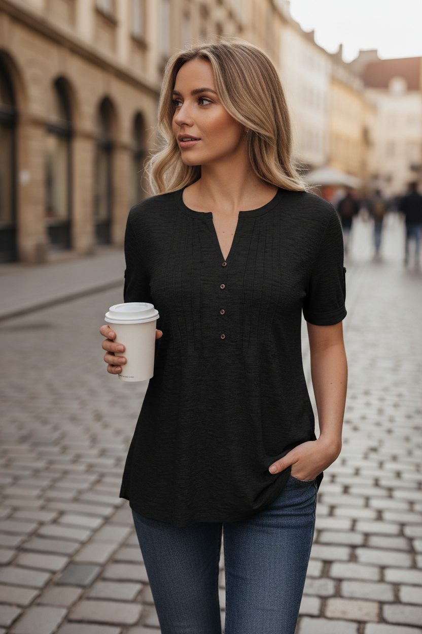 Real customer wearing black V-neck top