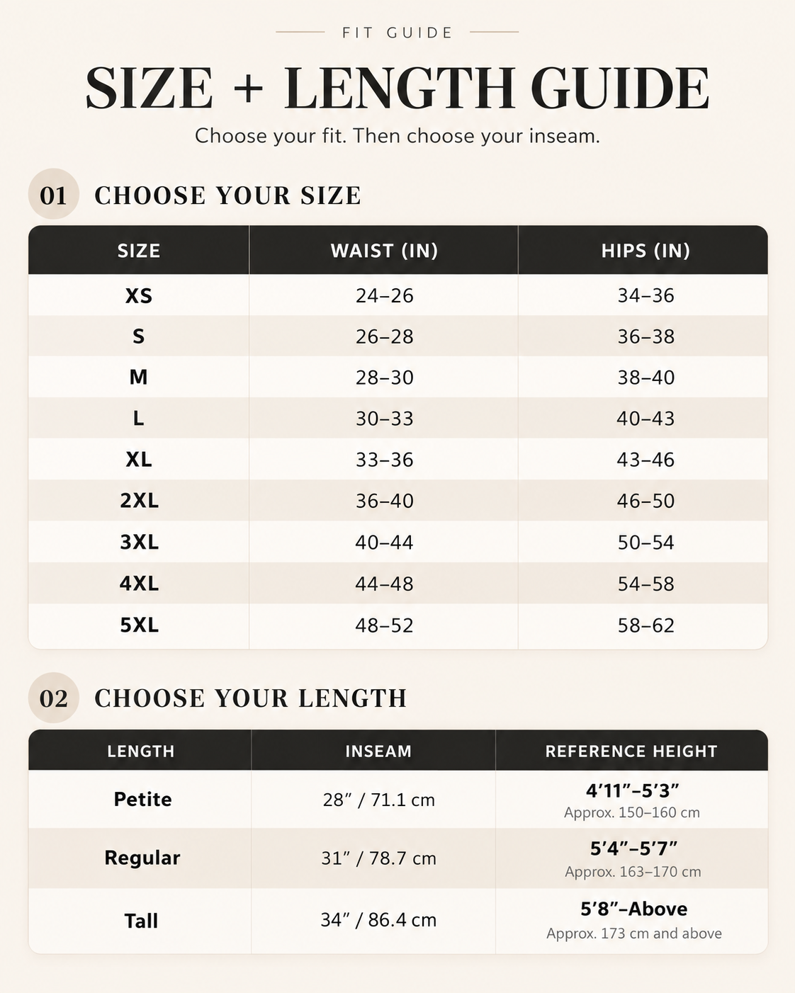 Women's work pants size and length guide