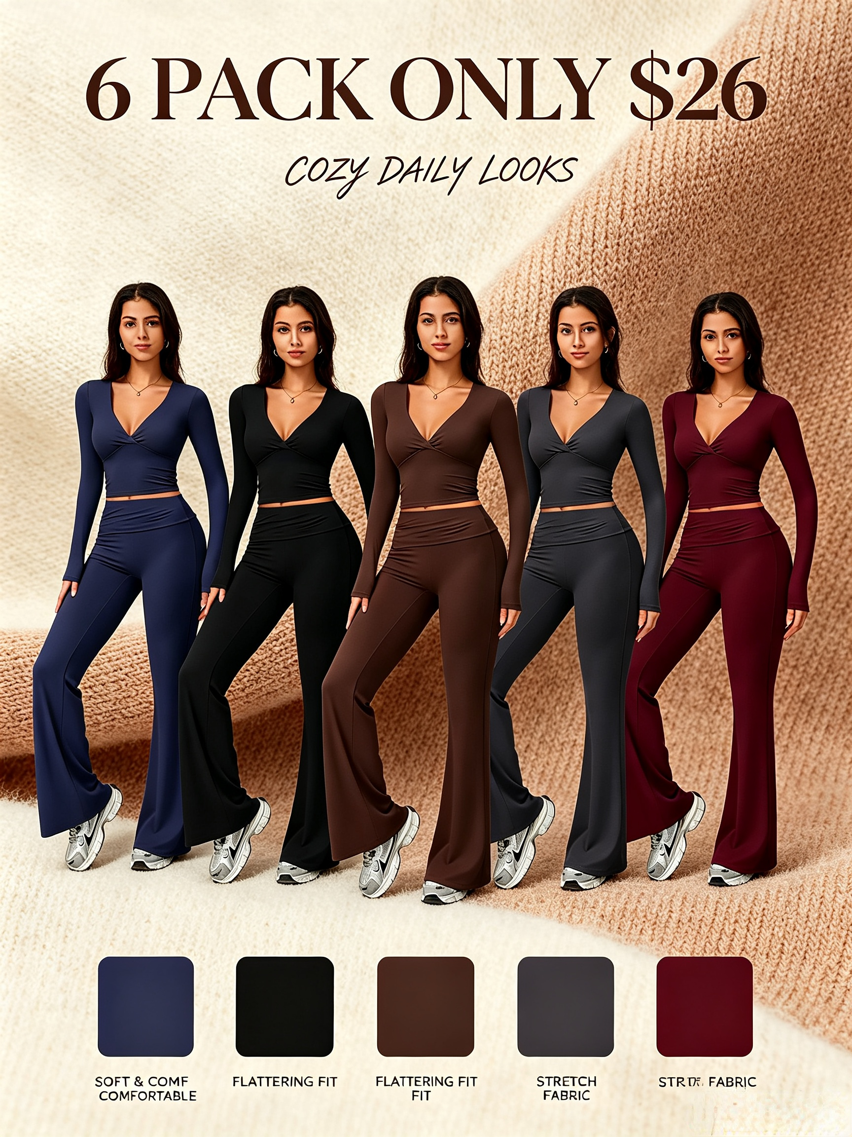 Women's 2-Piece High Stretch Sporty Activewear Set - Long Sleeve Plunging V-Neck Top, Flipped Waist High-Waist Flared Leggings