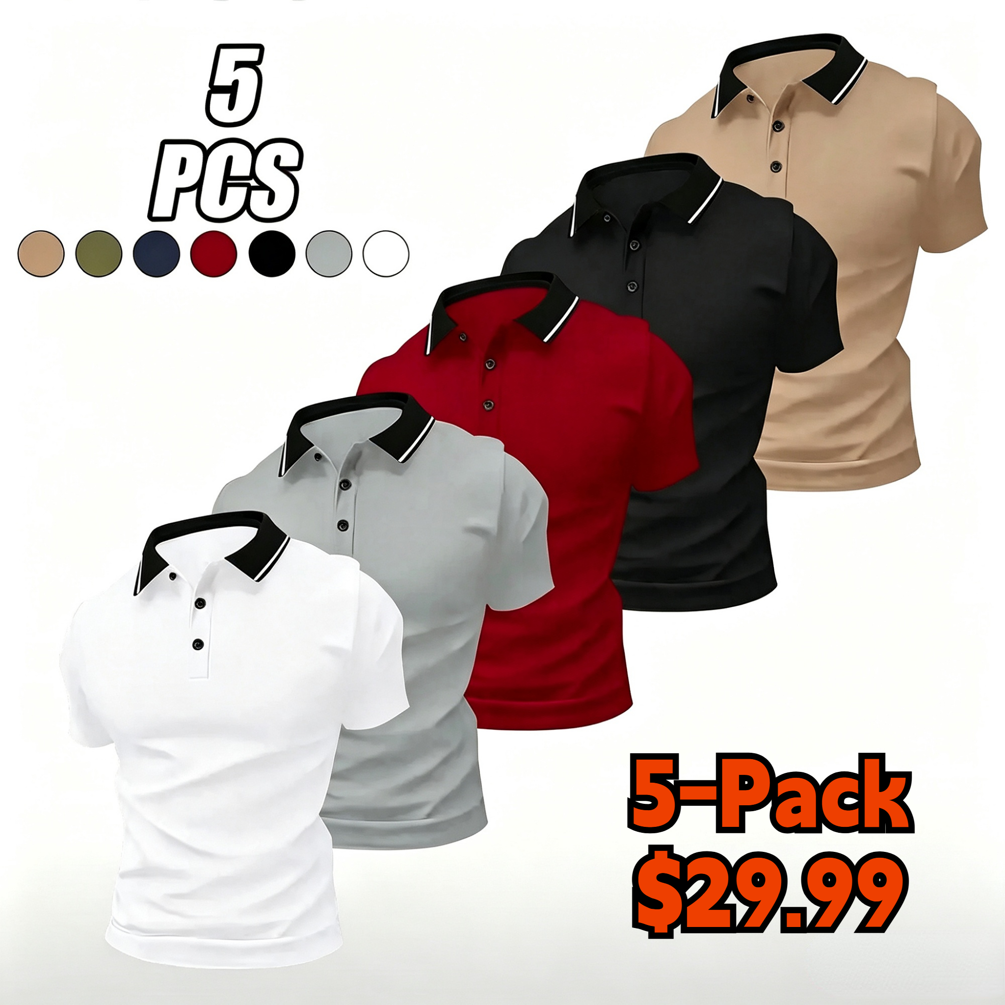 Men’s summer solid-color polo shirt set with a turn-down collar, made from comfortable, breathable fabric