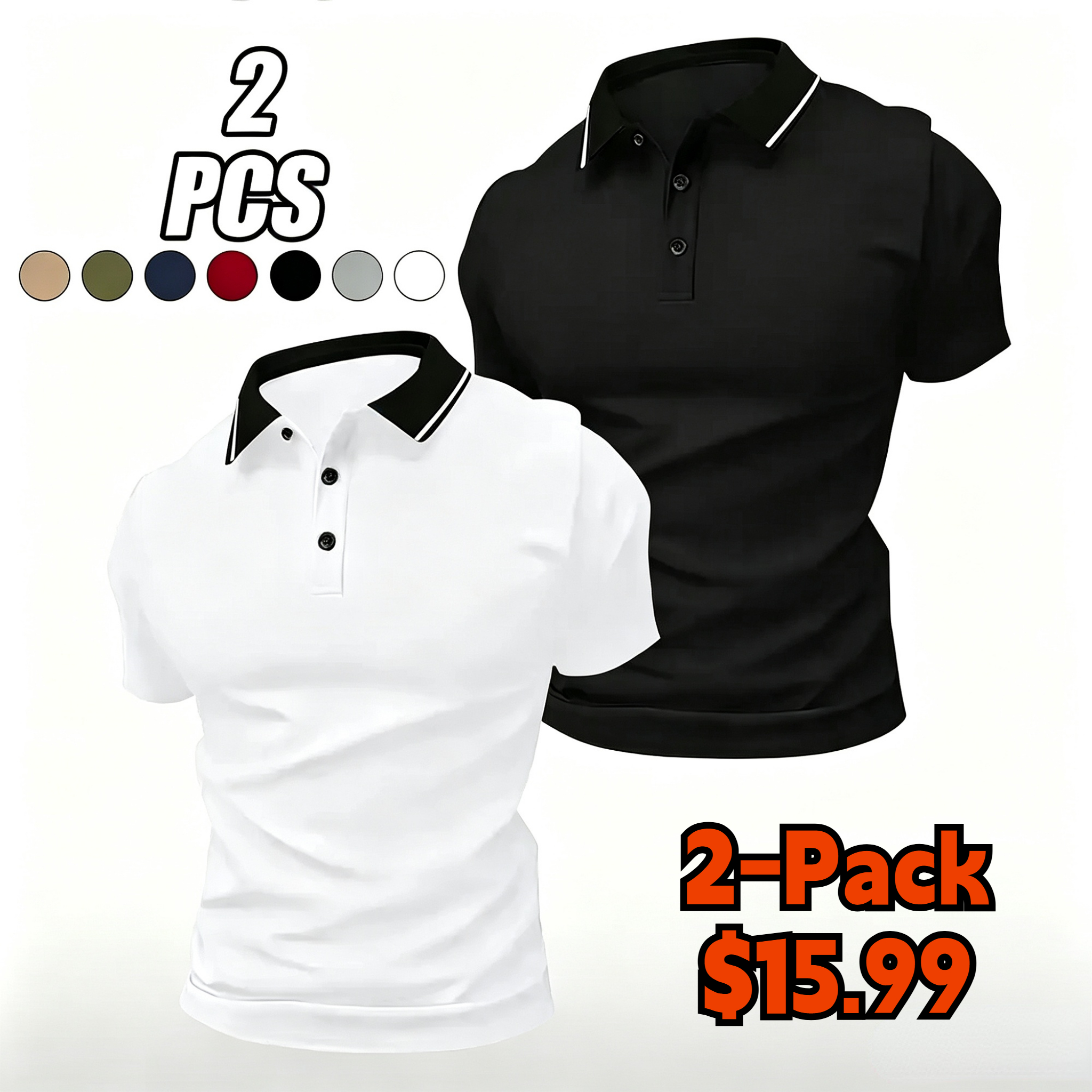 Men’s summer solid-color polo shirt set with a turn-down collar, made from comfortable, breathable fabric