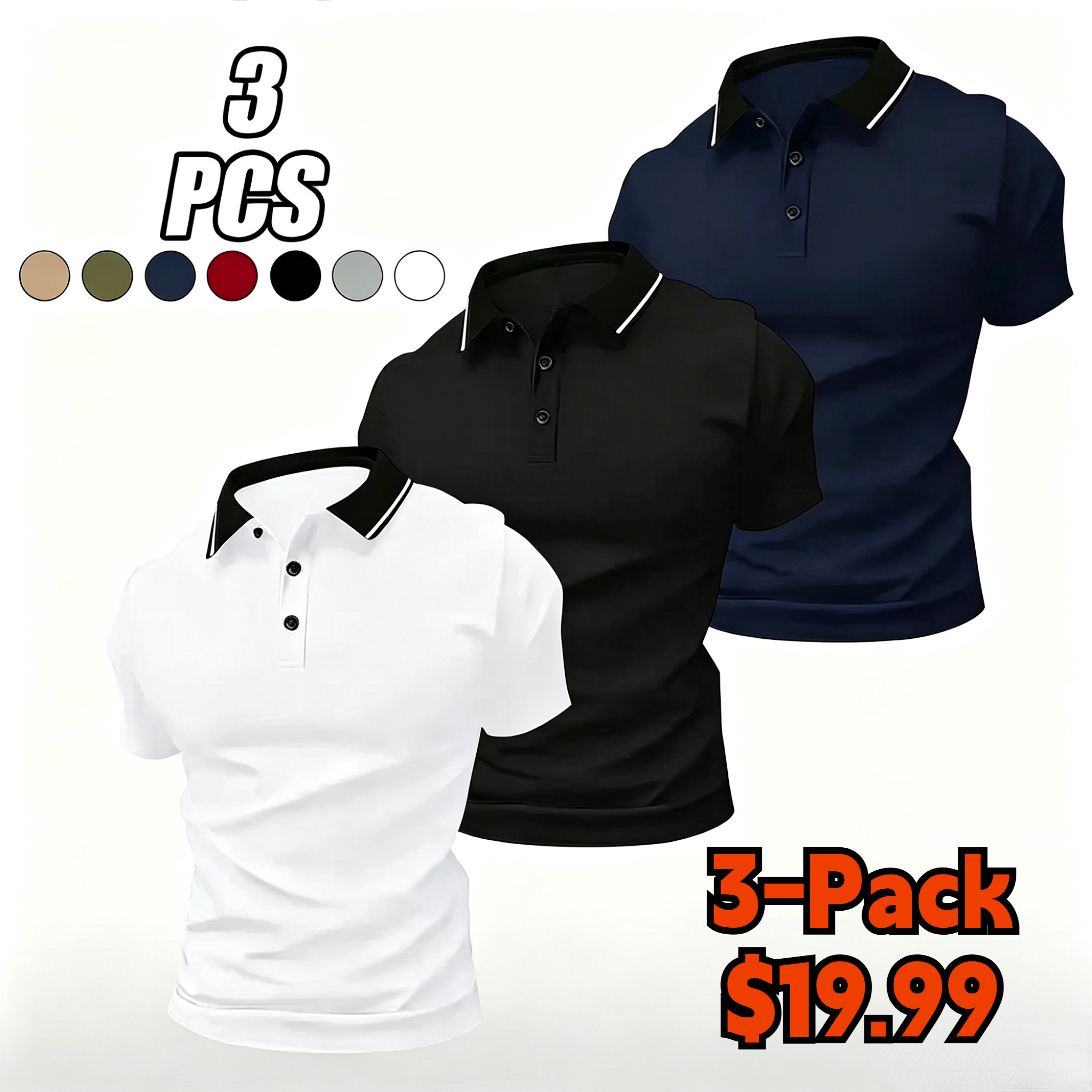 Men’s summer solid-color polo shirt set with a turn-down collar, made from comfortable, breathable fabric