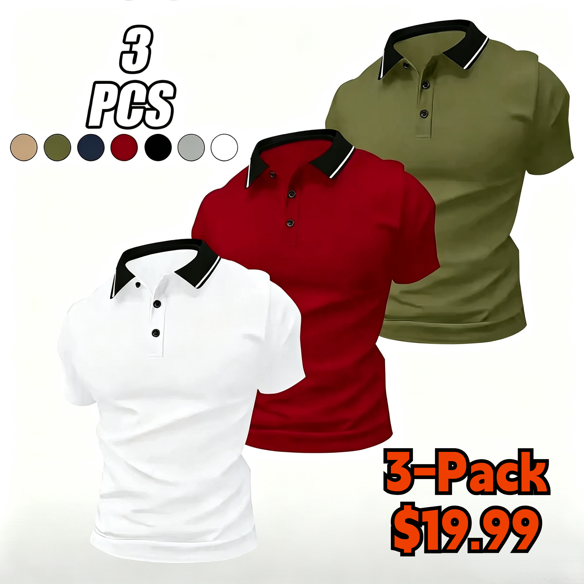 Men’s summer solid-color polo shirt set with a turn-down collar, made from comfortable, breathable fabric