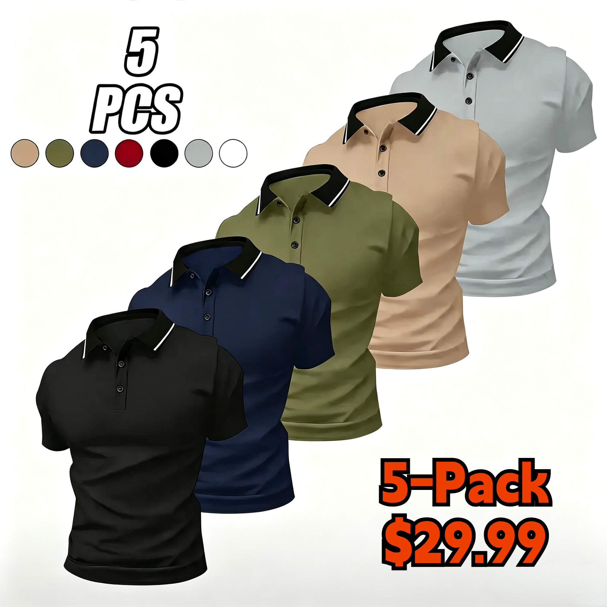Men’s summer solid-color polo shirt set with a turn-down collar, made from comfortable, breathable fabric