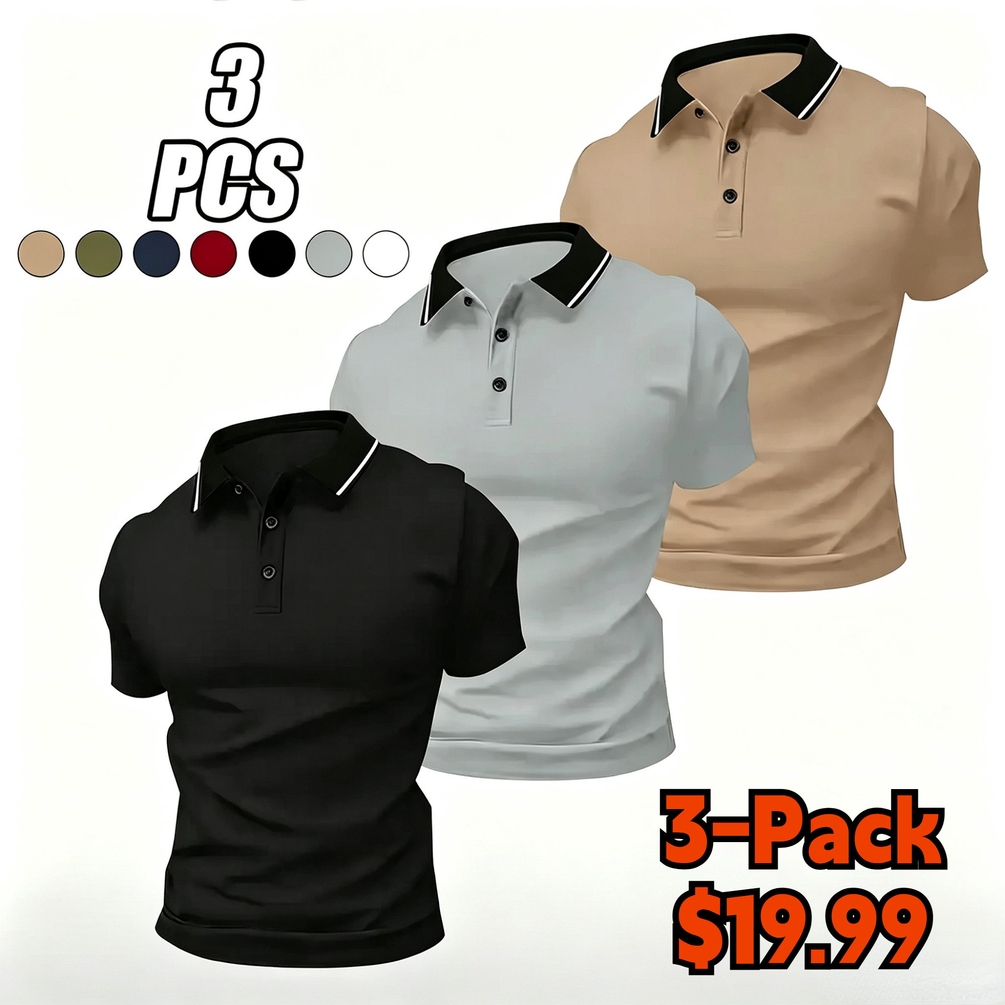 Men’s summer solid-color polo shirt set with a turn-down collar, made from comfortable, breathable fabric